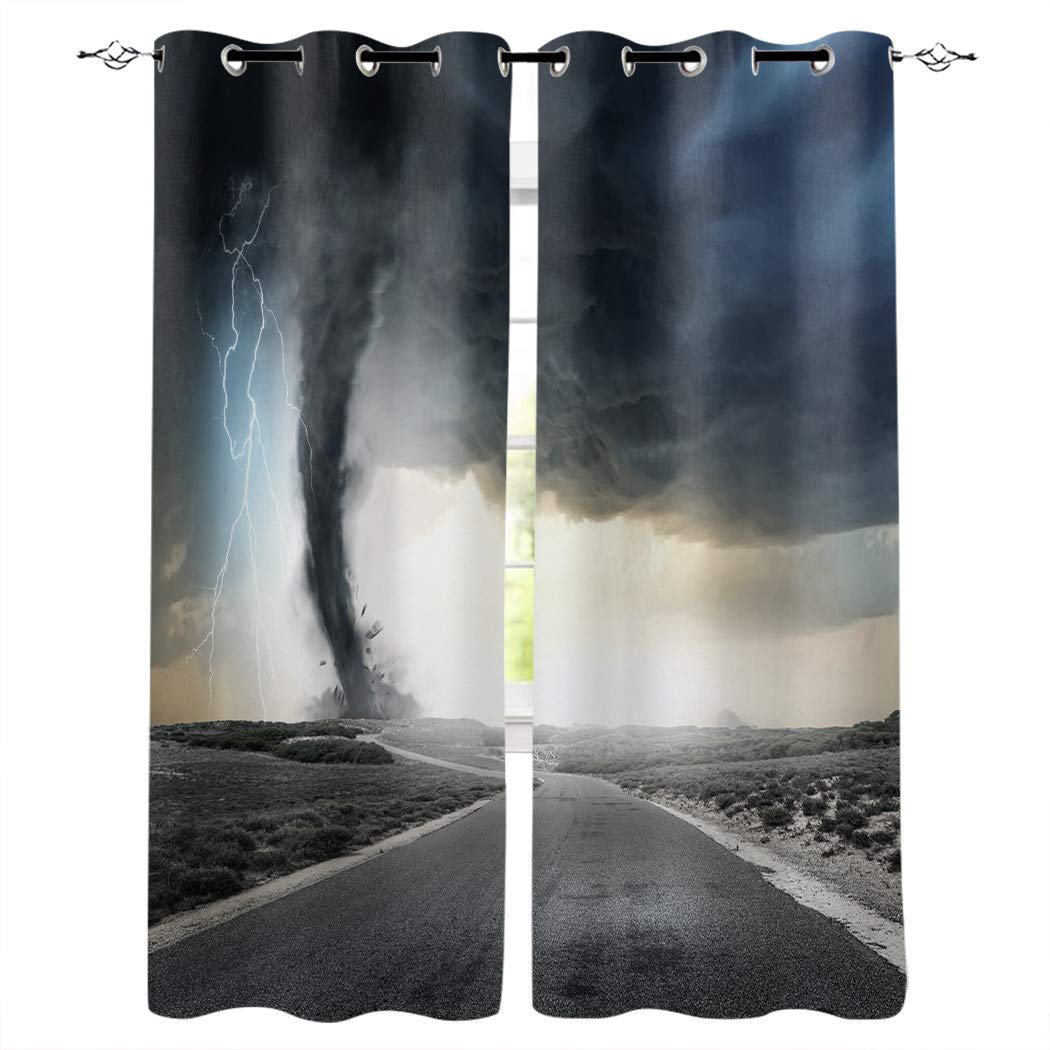 Blackout Curtains for Bedroom - 52x63 Inch Room Darkening Window Drapes with Tornado & Lightning Natural Landscape Print - Thermal Insulated Noise Reducing Panels for Living Room, Nursery & Home Theater Decor