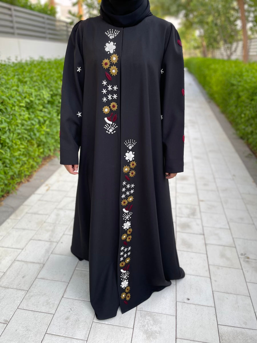 Elegant Black Open Abaya with Vertical Floral Embroidery - Modest Muslim Dress for Women, Perfect for Prayer, Mosque & Special Occasions