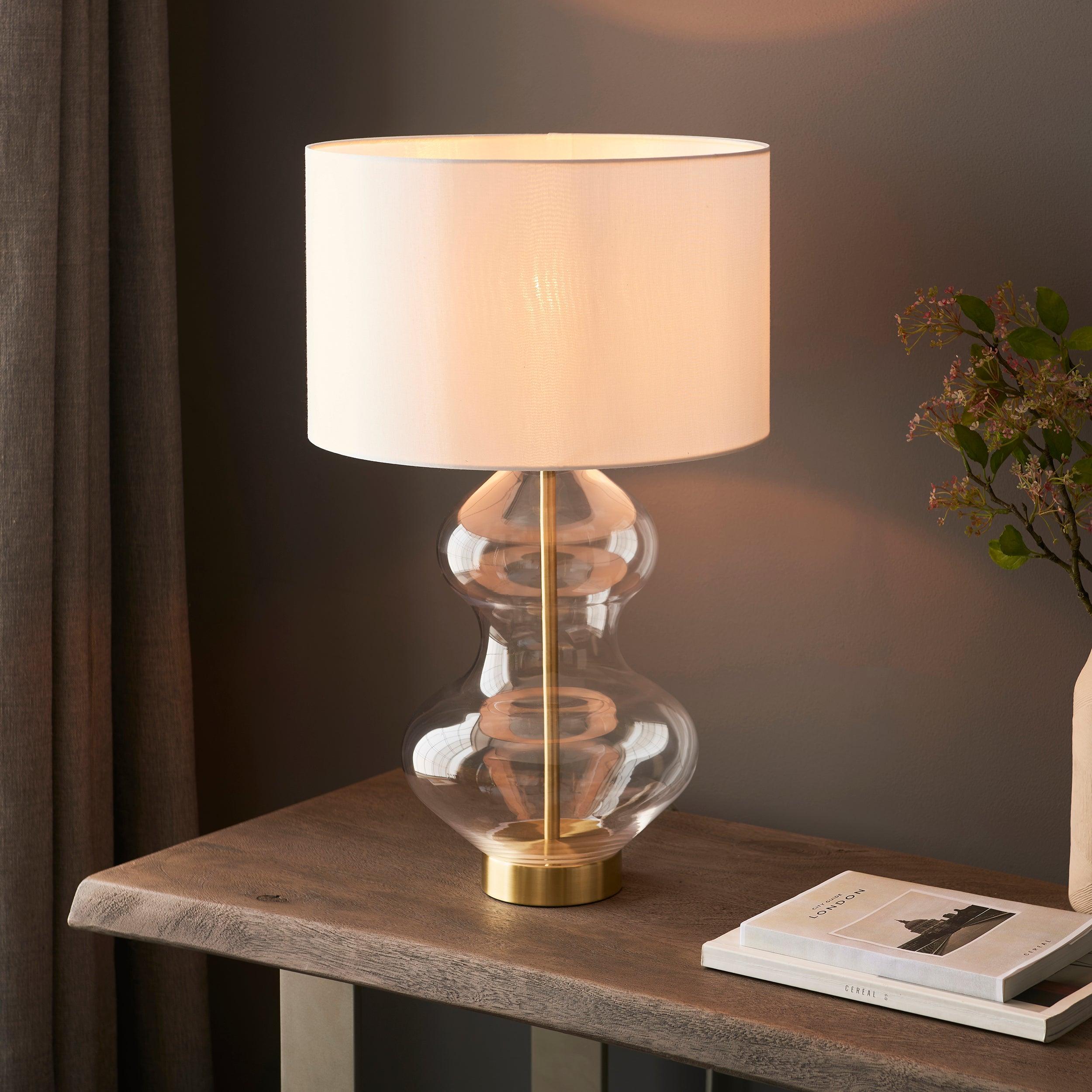 Kelda Large Nickel & Clear Glass Touch Table Lamp with White Shade - Modern Bedside Lighting for Bedroom, Living Room, and Office