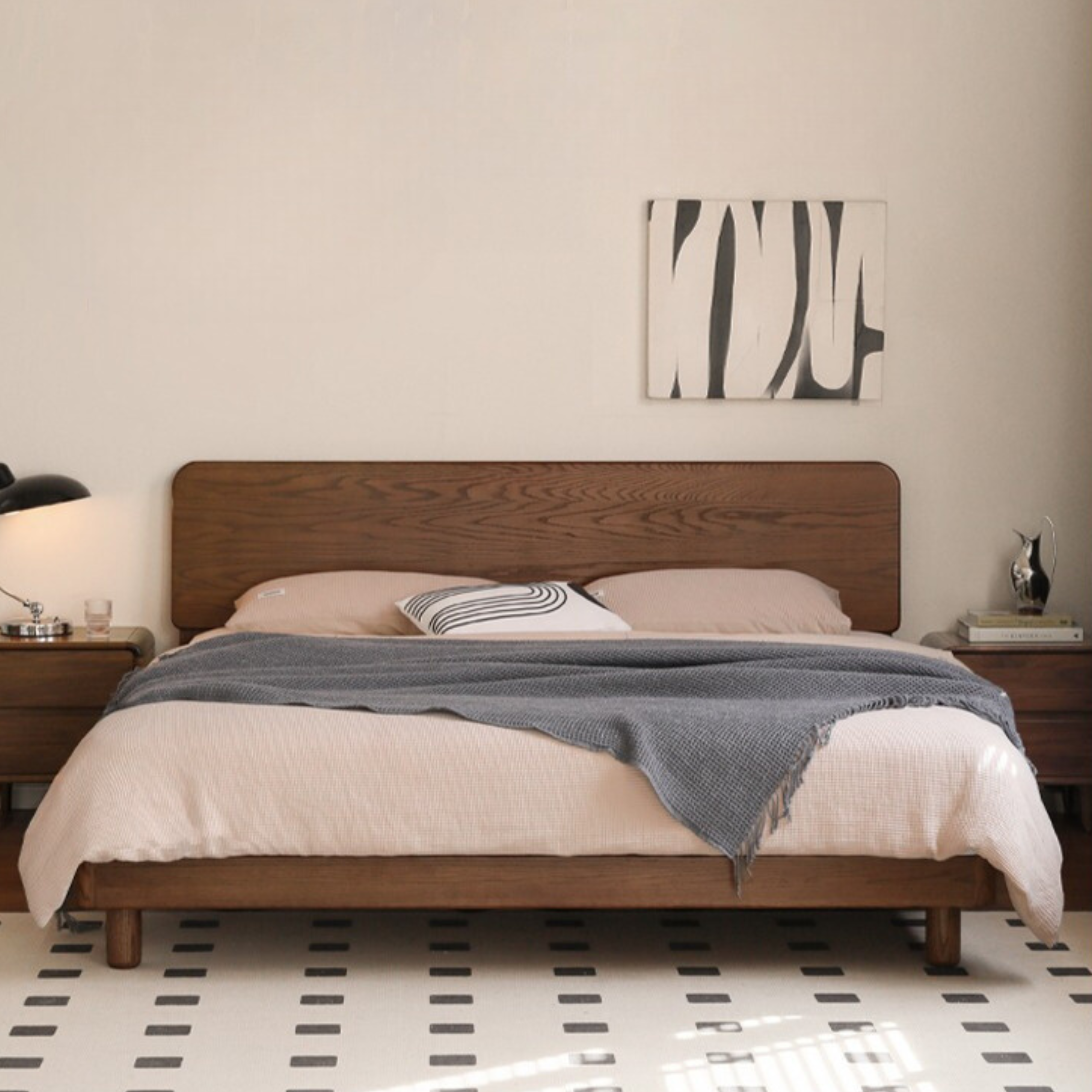 Solid Oak Wood Nordic Modern Bed - Minimalist Scandinavian Style Bedroom Furniture for Home Decor & Cozy Sleeping