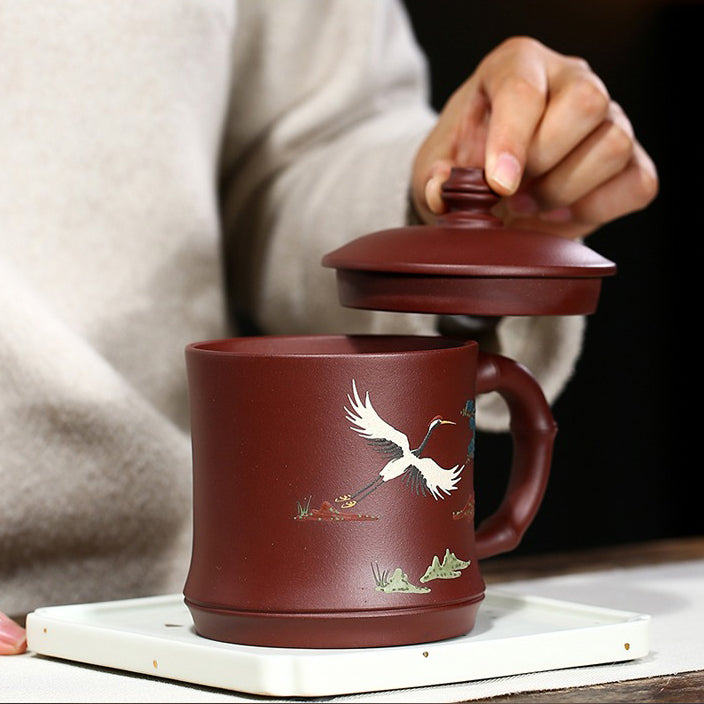 Premium Yixing Purple Clay Pine Crane Tea Cup - Handcrafted Chinese Ceramic Teacup for Gongfu Tea Ceremony, Gift for Tea Lovers - Perfect for Relaxing Tea Time & Zen Meditation