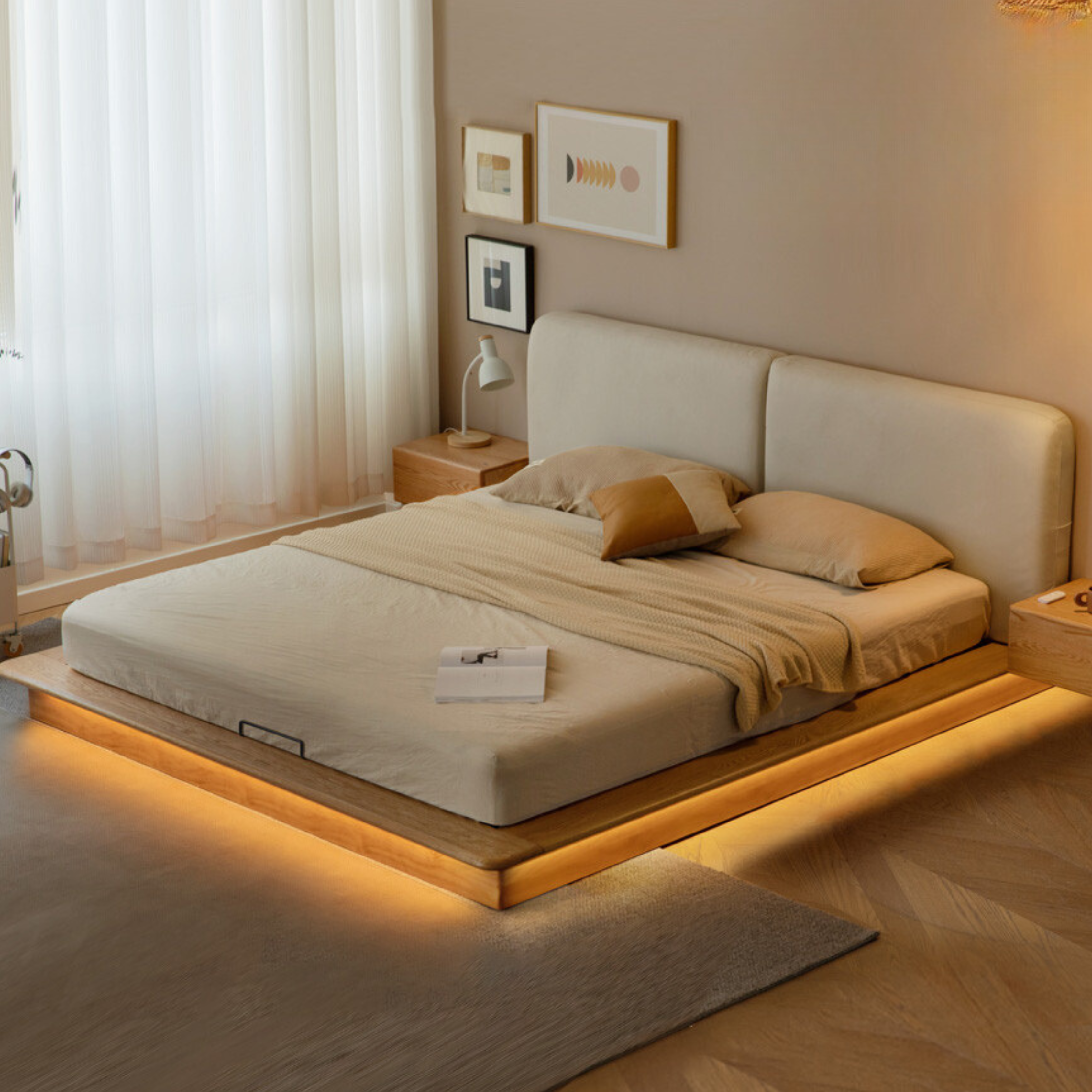 Solid Oak Wood Floating Platform Bed with Soft Fabric Headboard - Modern Technology Bed Frame for Bedroom, Living Room, or Guest Room