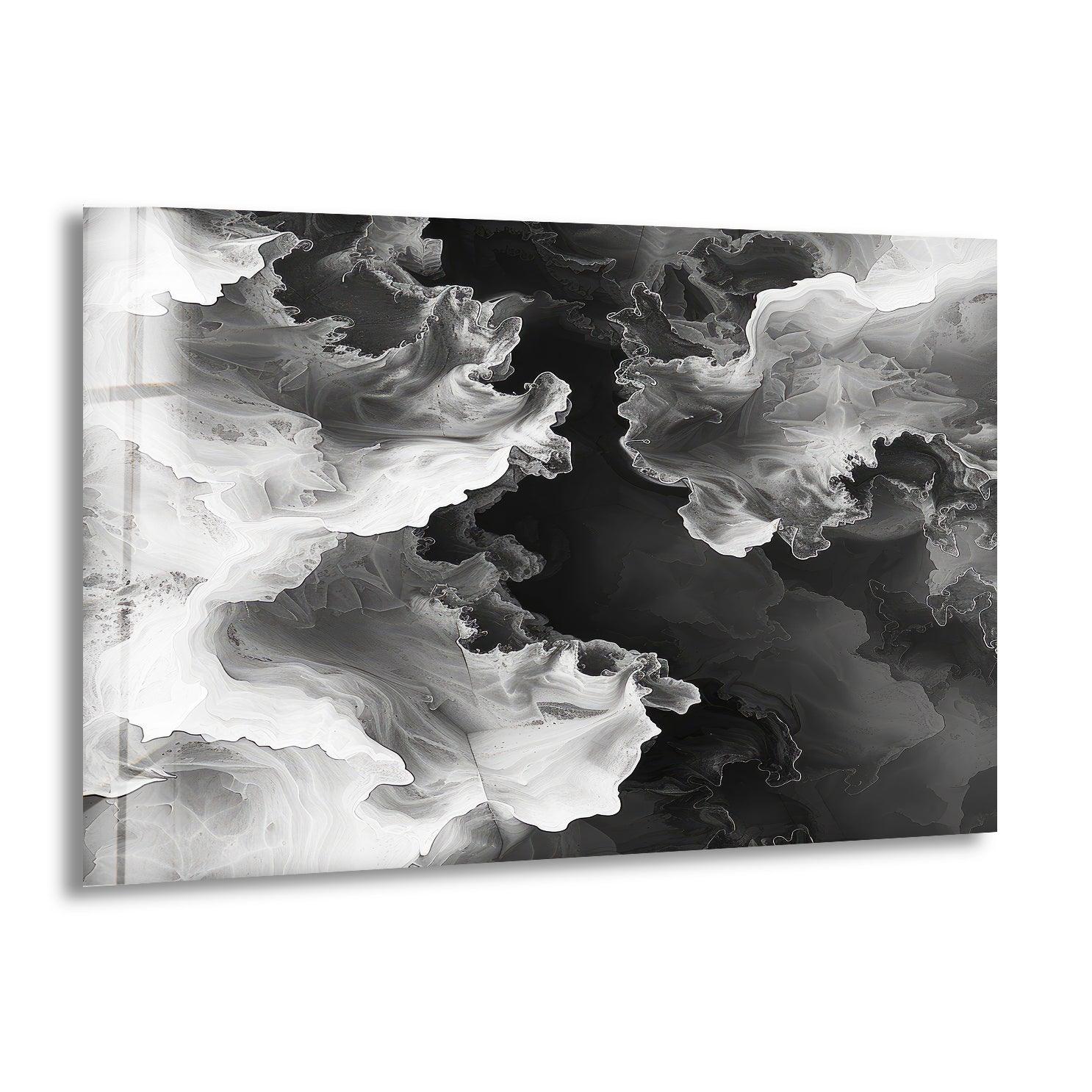 Modern Black & White Abstract Wave Glass Wall Art - Handmade Contemporary Home Decor for Living Room, Bedroom & Office