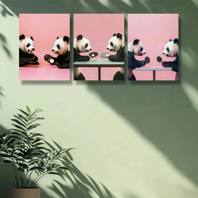 3-Piece Panda Table Tennis Art Metal Print - Ready to Hang Wall Decor for Game Room, Sports Bar & Home Office