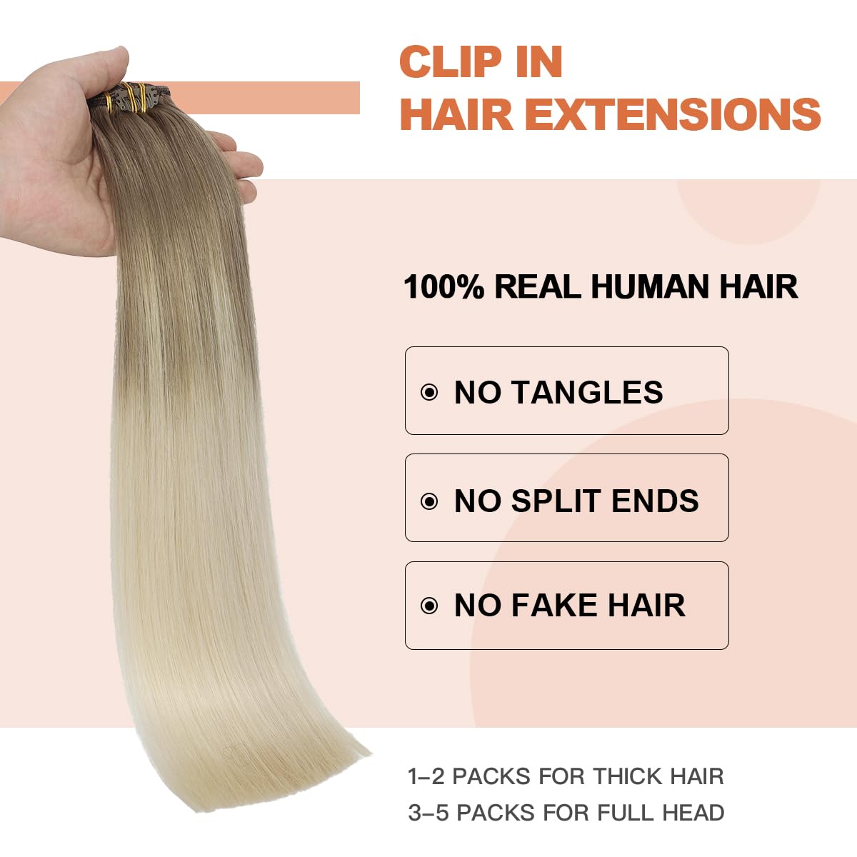 XD Hair Clip in Human Hair Extensions 120g 22 Inch Ombre Ash Brown to Platinum Blonde Double Weft Hair Extensions 6pcs - Perfect for Parties, Weddings & Daily Styling (22, #8T60)