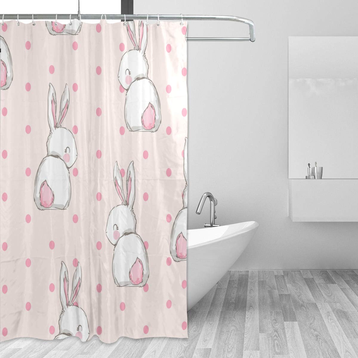 Vikko Cute Bunny Pattern Pink Rabbit Shower Curtain - Waterproof Polyester Fabric Bathroom Decor with Hooks - Standard Size 72x72 Inch for Bathtub & Shower - Perfect for Kids' Bathroom, Nursery, and Easter Decor