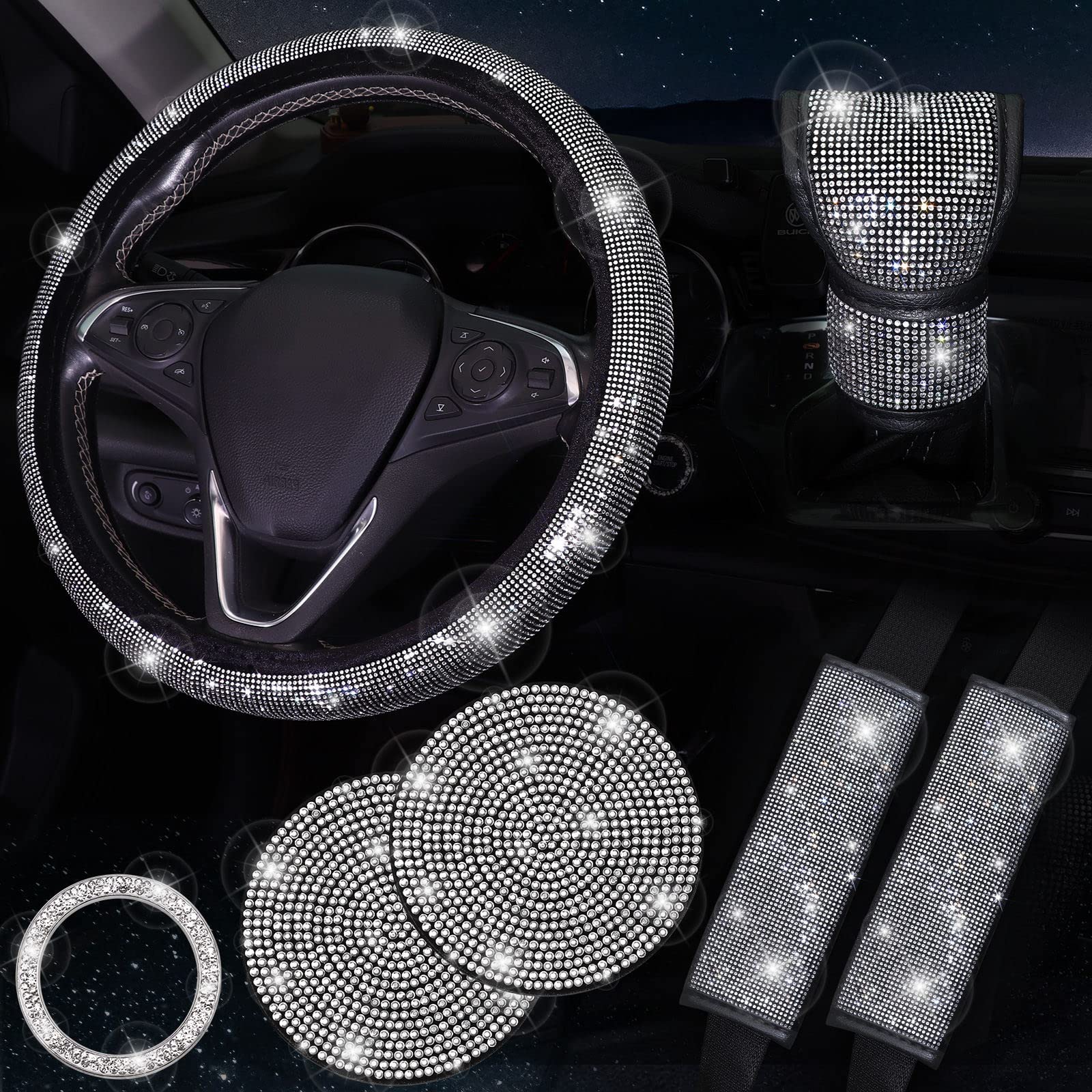Sparkling Crystal Rhinestone Car Accessories Set - Diamond Car Interior Decor Kit with Steering Wheel Cover, Seat Belt Cover & Gear Shift Cover in Silver | Luxury Car Interior Upgrade for Women, Gift for Her, Party & Wedding Car Decoration