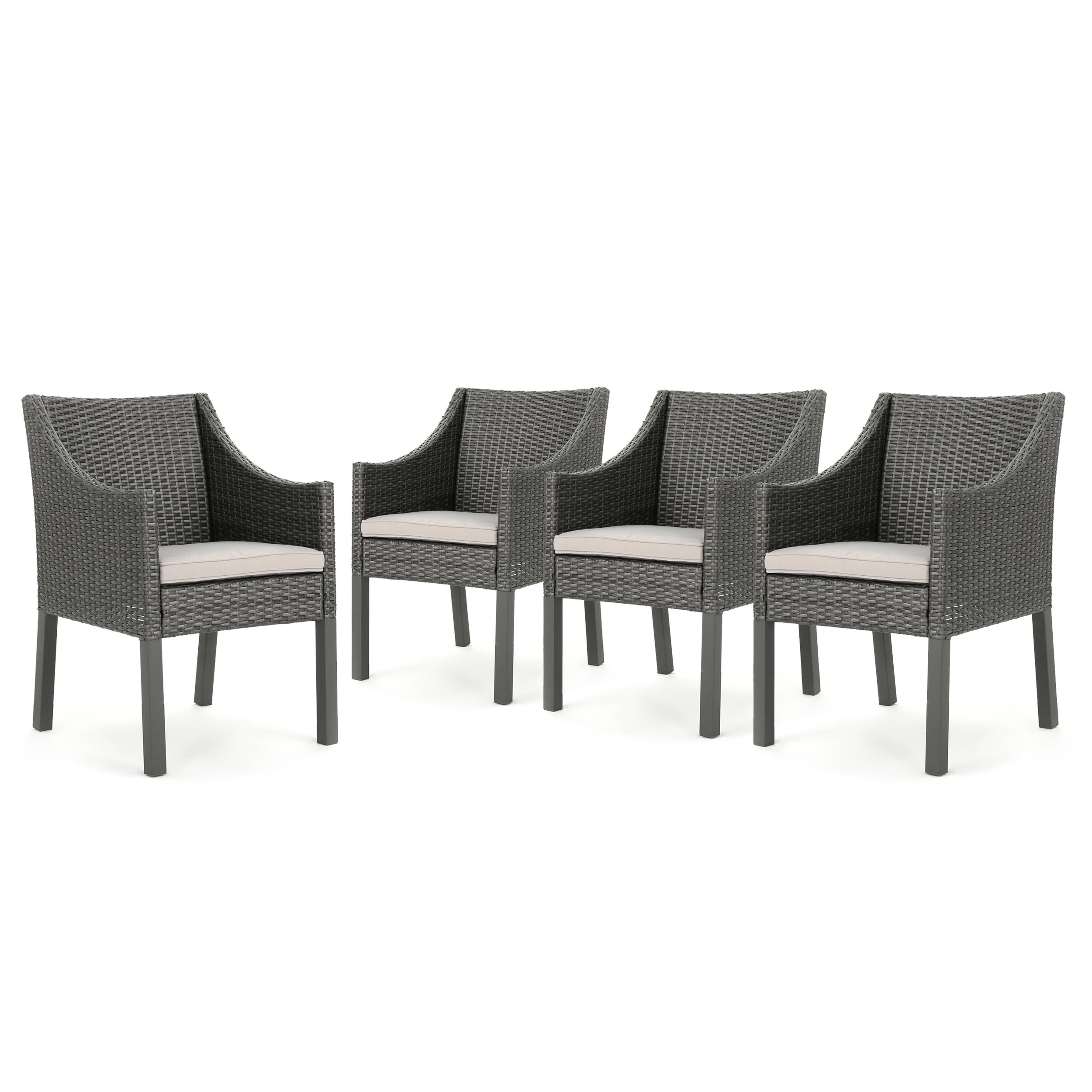 Outdoor Wicker Dining Chairs Set of 4 - Grey Rattan Patio Chairs with Waterproof Silver Cushions - Weather-Resistant Garden Furniture for Backyard, Poolside & Restaurant Use