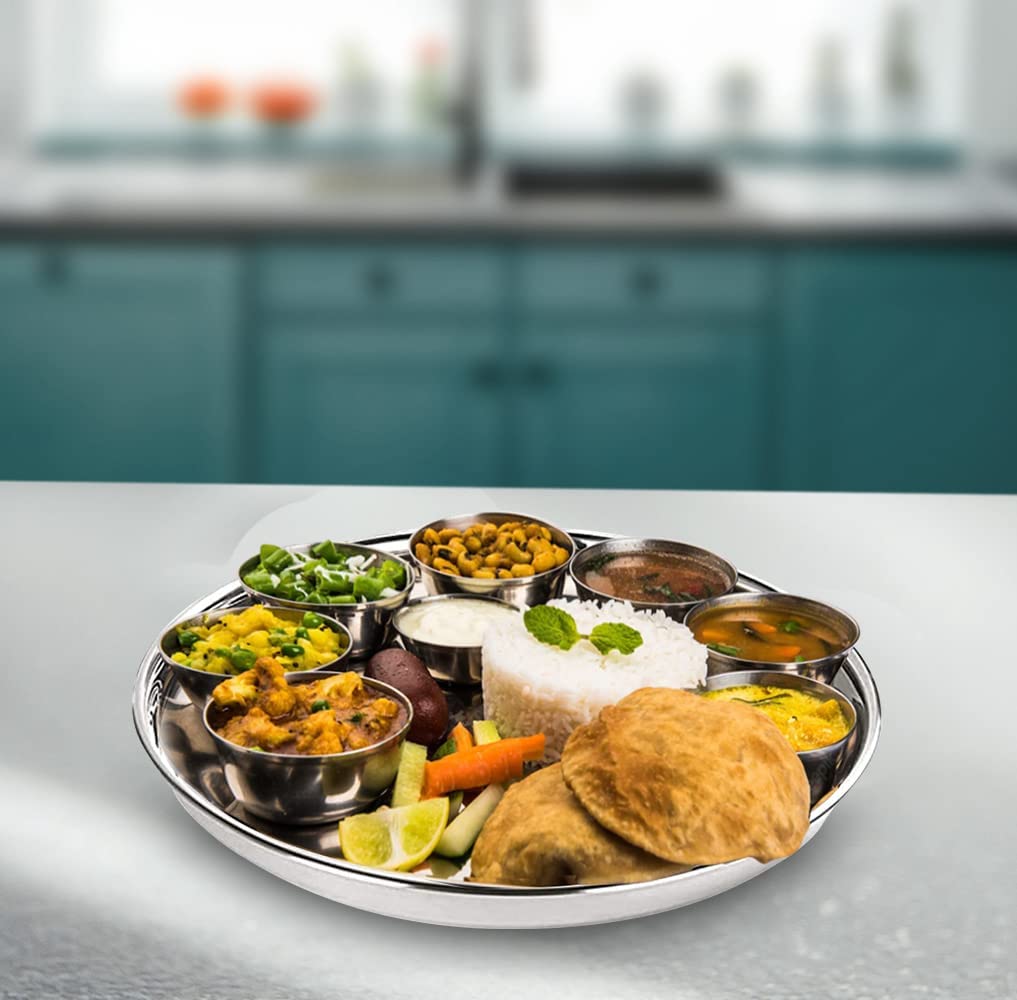 Kuber Industries Stainless Steel Dinner Plate Set - 4 Pack | Durable, Scratch-Resistant & Easy to Clean | Blunt Edges & Deep Base Design | Perfect for Home, Restaurant, Camping & Outdoor Dining