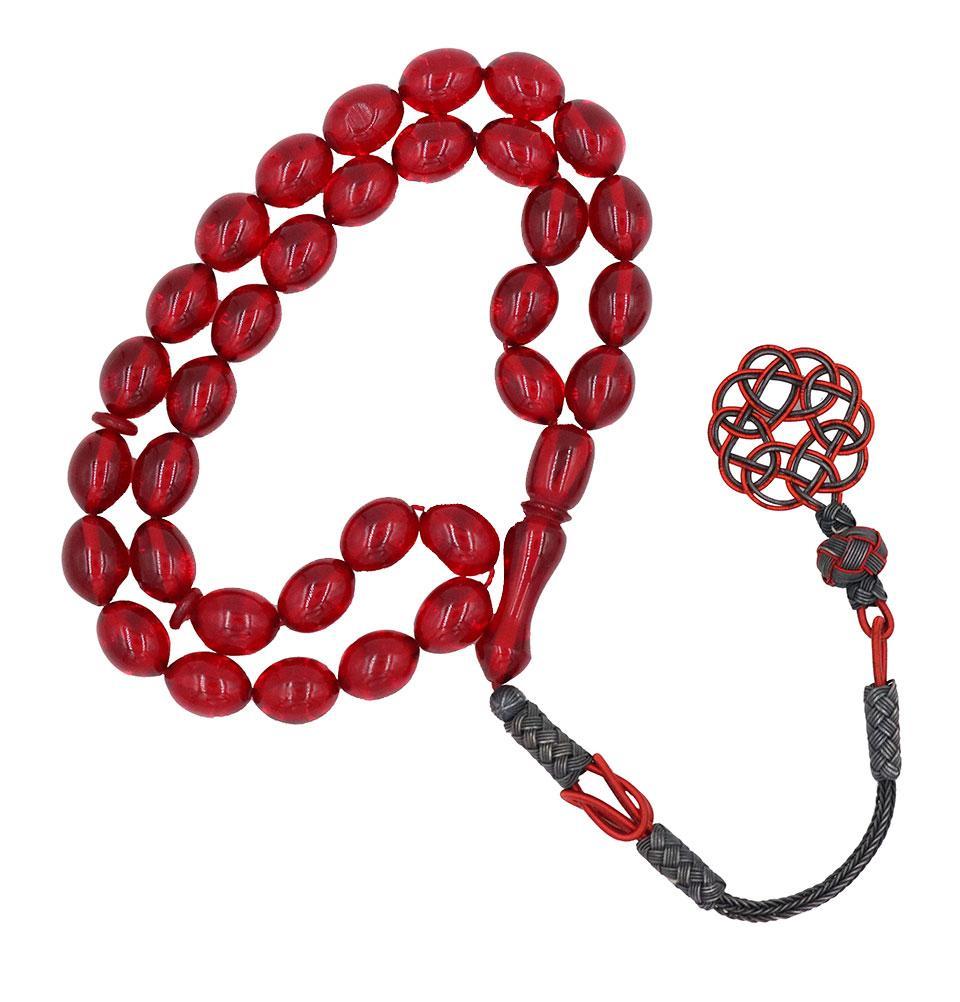 Premium Islamic Tasbih Prayer Beads - Genuine Amber & 925 Sterling Silver Kazaz Tassel - 33 Large Red Oval Beads for Muslim Prayer, Meditation & Spiritual Gift