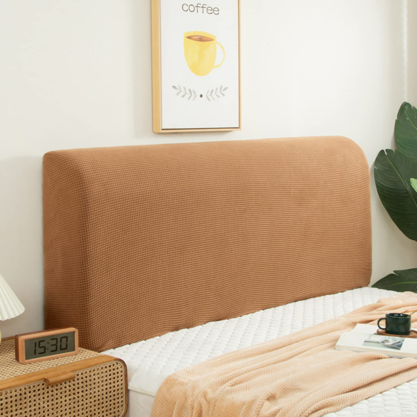 EFELIM Stretch Bed Headboard Slipcover - Queen/Full/Cal King Size, Curved Upholstered Headboard Dustproof Protector Cover (Camel, 110-140cm/43-55in) - Perfect for Bedroom Decor, Dust Protection & Headboard Refresh
