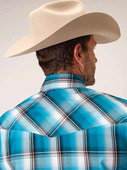 Roper Men's Amarillo Long Sleeve Western Plaid Shirt in Turquoise Blue - Casual Cowboy Style Shirt for Ranch Work, Rodeo & Country Fashion