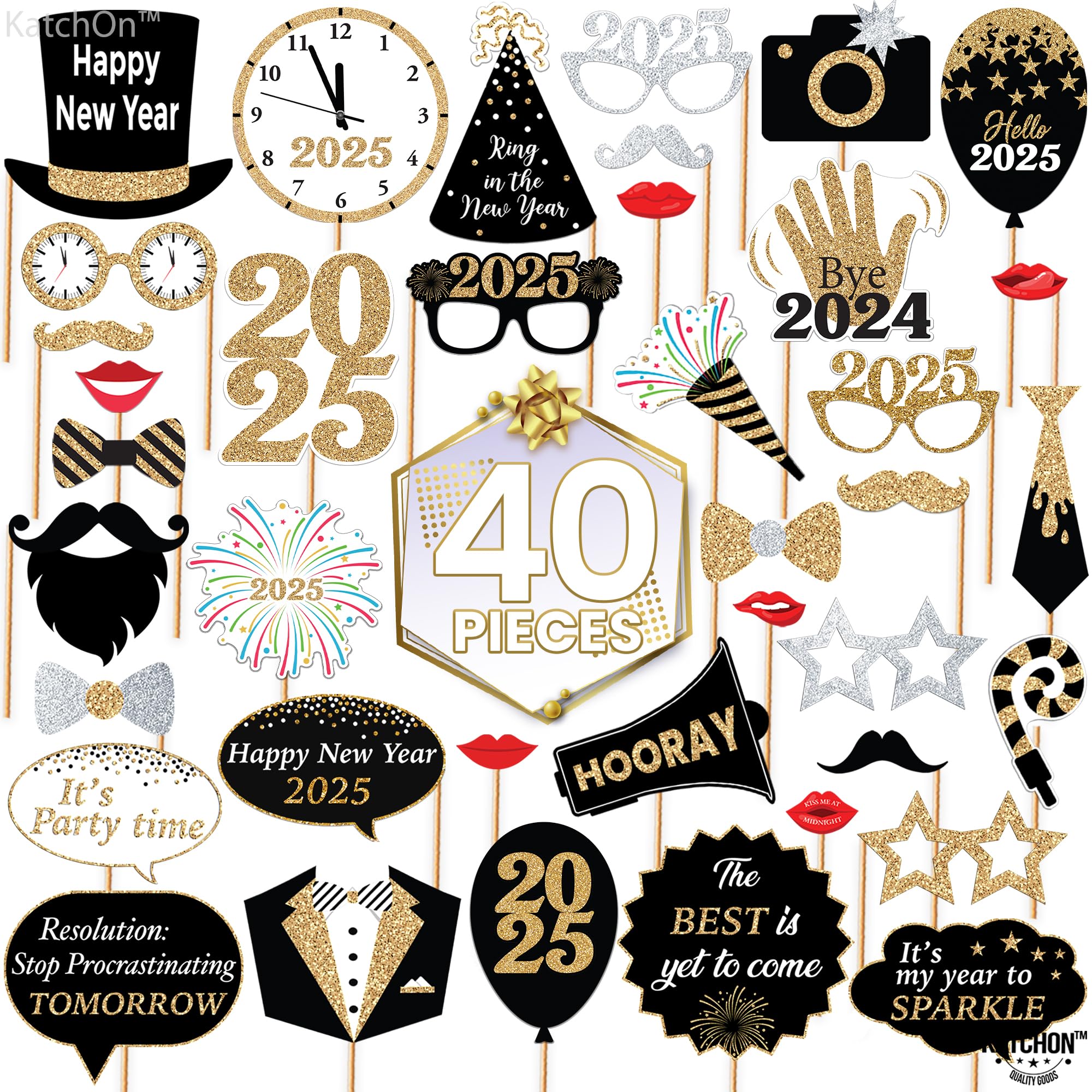 KatchOn 2025 New Year's Eve Photo Booth Props Kit - 40-Piece Set for NYE Party Decorations & Photo Backdrop Accessories | Perfect for New Year's Eve Celebrations, Countdown Parties & Social Media Photos