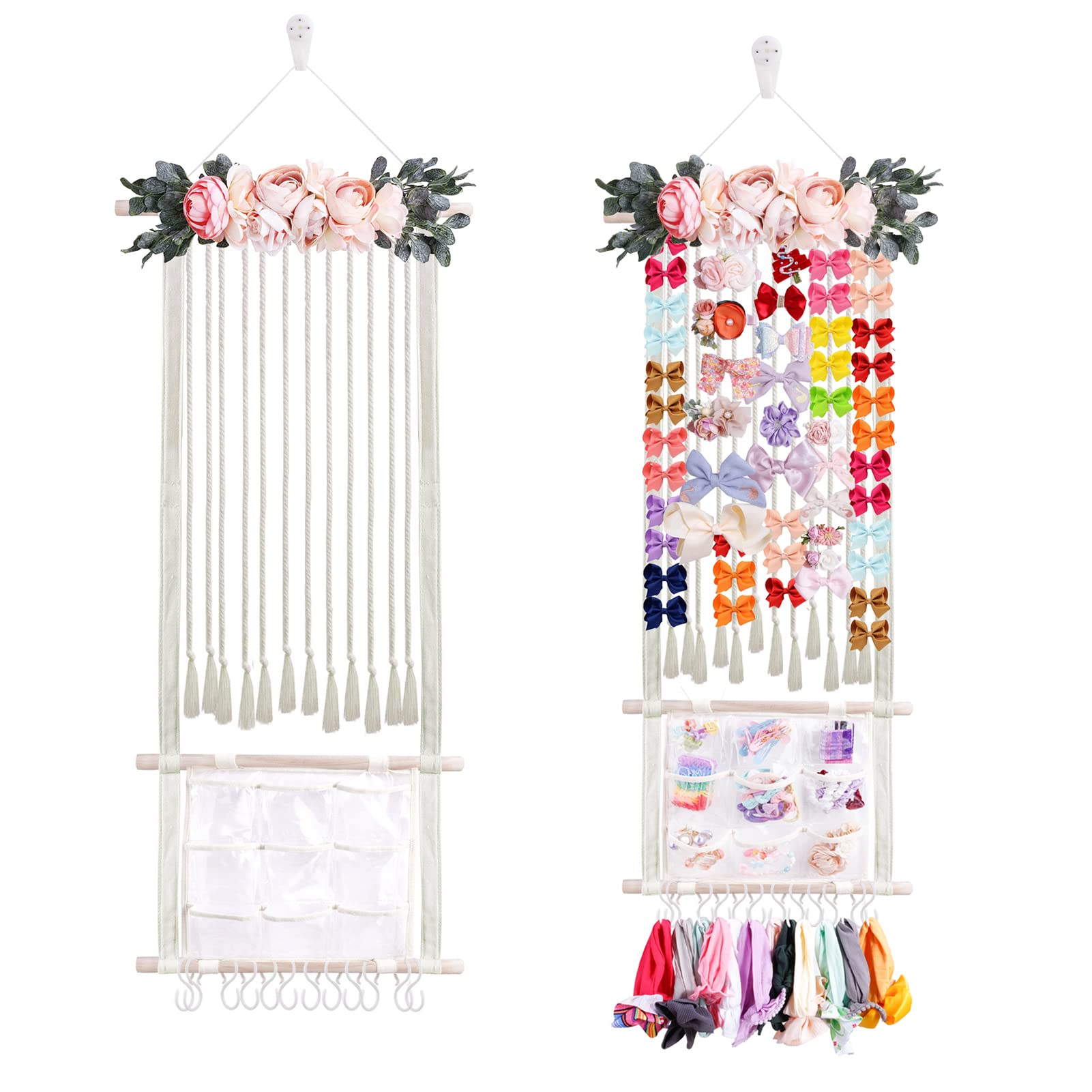 Cherrboll Girls Hair Bows Holder & Headband Organizer - Wall-Mounted Hair Clips Hanger Storage with Hooks - Nursery Room Decor for Baby Shower & Kids Bedroom Organization