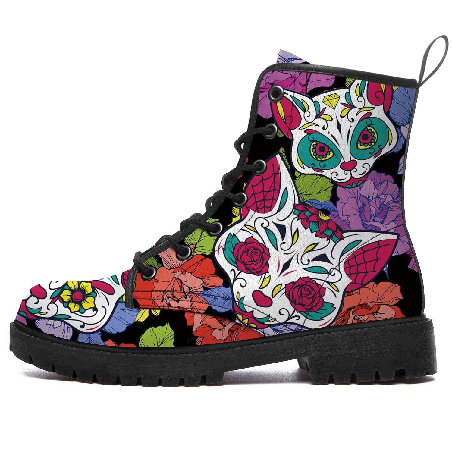**Sugar Skull Cat Combat Boots for Women & Men - Waterproof Round Toe Lace-Up Ankle Boots with Low Heel - Perfect for Work, Halloween, Cosplay & Gifts**