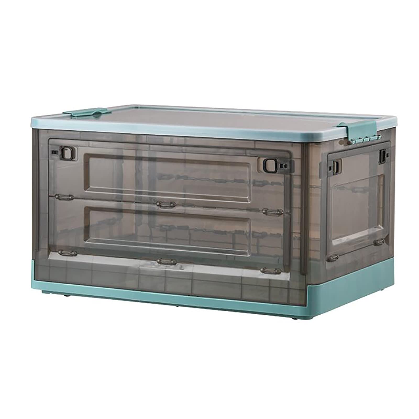 Clear Collapsible Storage Bins with Lids - 84L (23.4x16.3x13 Inch) Stackable Plastic Storage Crates, Space-Saving Side-Opening Design for Home, Garage, Pantry & Office Organization - Blue