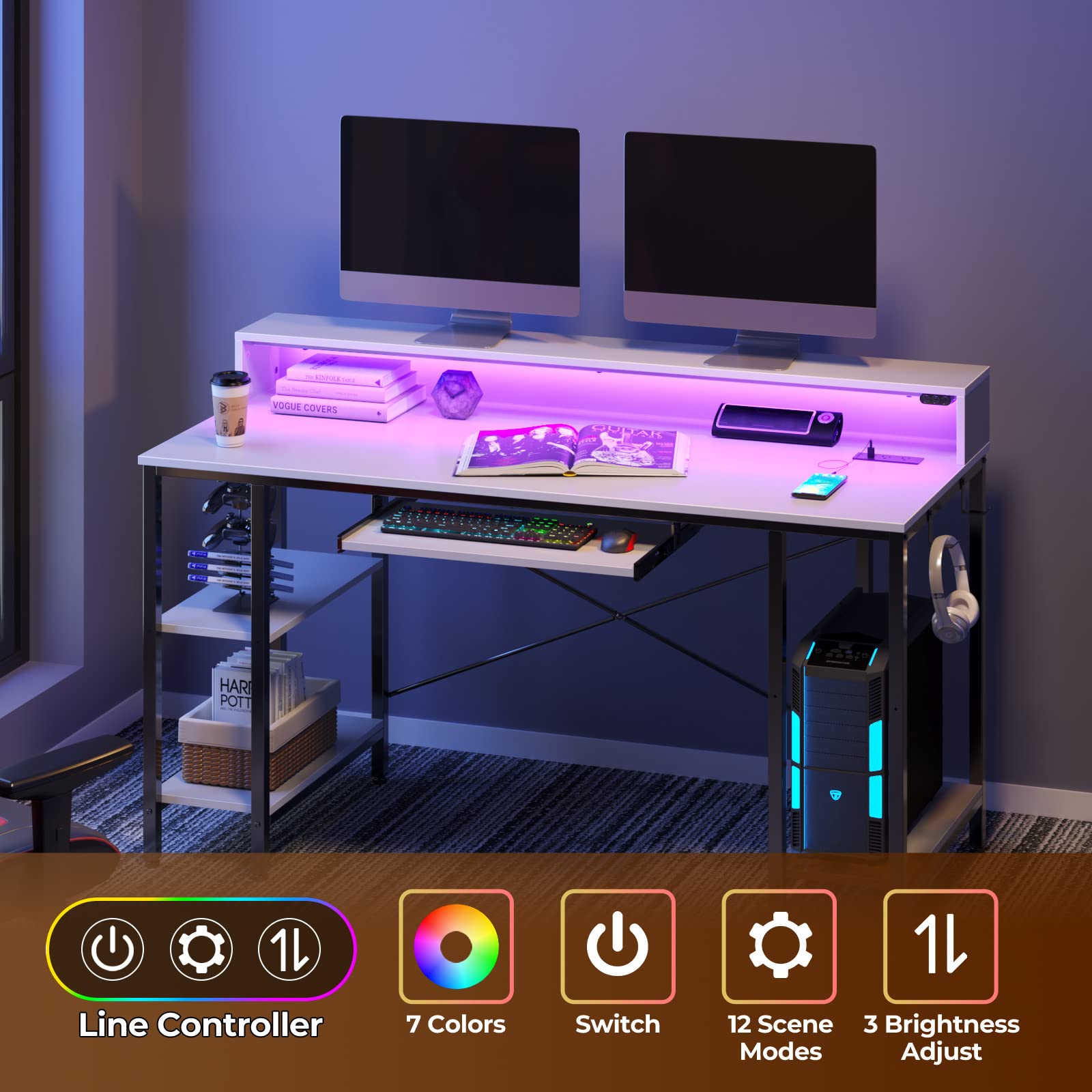 Rolanstar 54-inch LED Gaming Desk with Power Outlets, Storage Shelves & Keyboard Tray - Modern Home Office Computer Desk with Monitor Stand, White | Perfect for Gaming Setup, Remote Work & Study Space