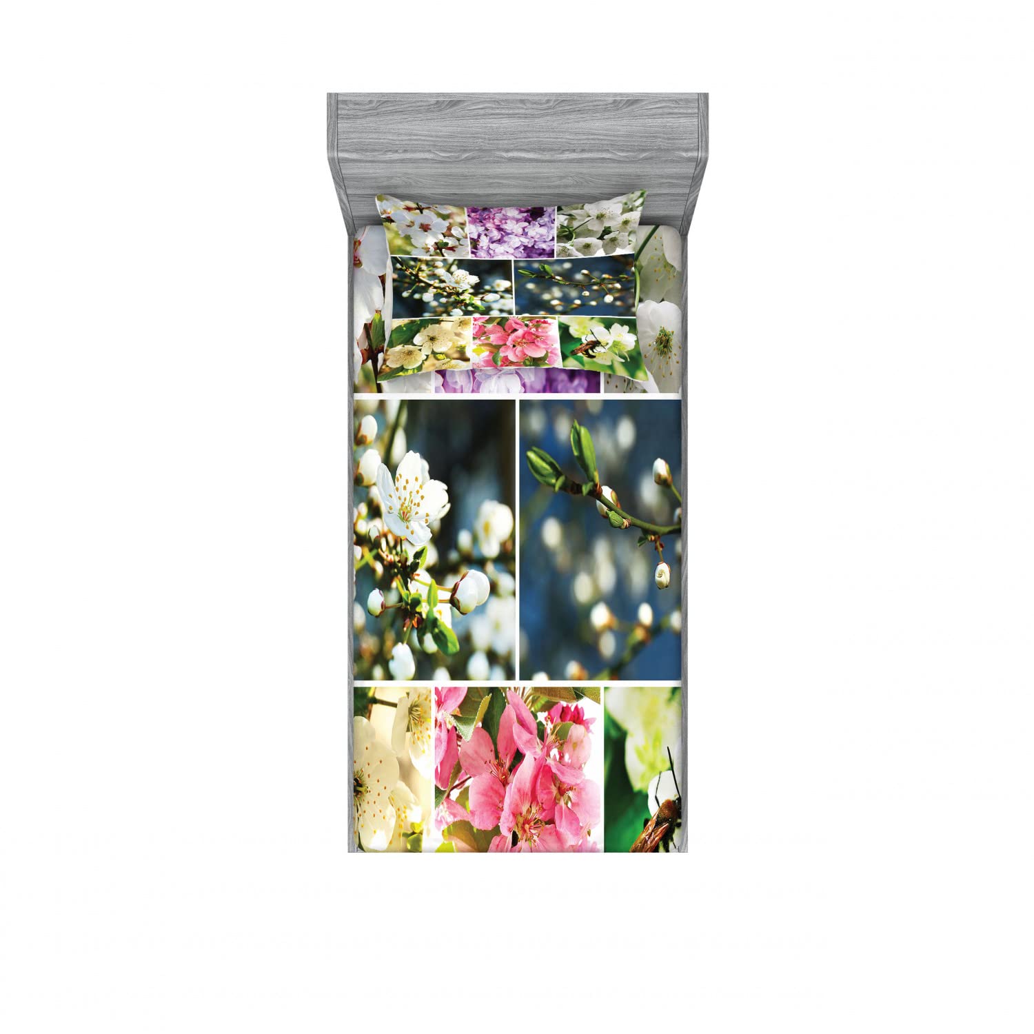 Ambesonne 2-Pack Twin XL Fitted Sheet & Pillow Sham Set - Spring Scenery Collage Design, 4-Piece Bedding Decor for Dorm, Guest Room & RV - Multicolor Floral Printed Sheets & Pillow Covers (Fits 39x80