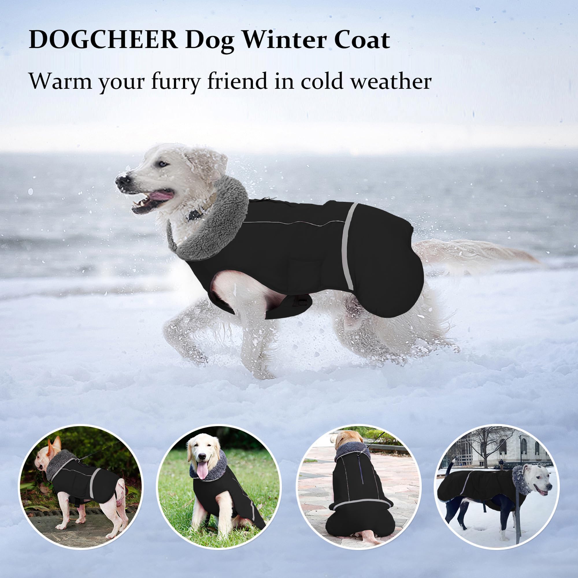 Dogcheer Waterproof & Windproof Dog Coat - Adjustable Winter Jacket with Reflective Strips & Buckle for Small, Medium, Large Dogs (Black, Size M) - Ideal for Cold Weather, Snow Adventures & Night Walks