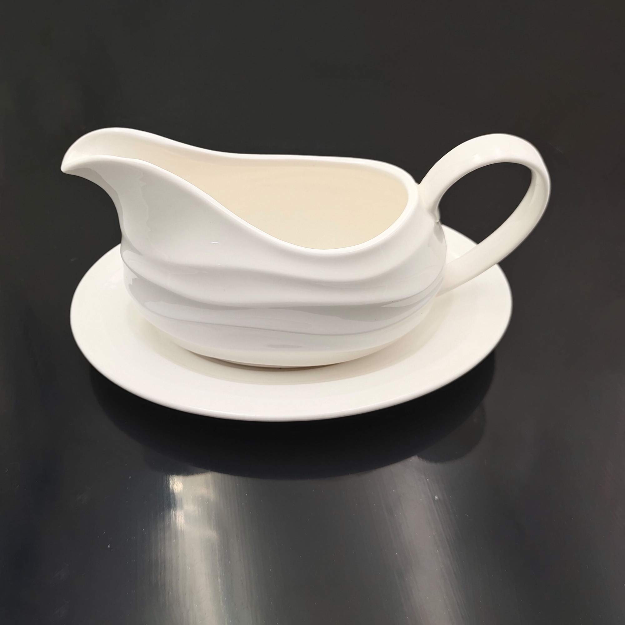 White Porcelain Gravy Boat with Saucer - 11oz Microwave & Dishwasher Safe for Dressings, Milk, Broth - Perfect for Dining & Entertaining