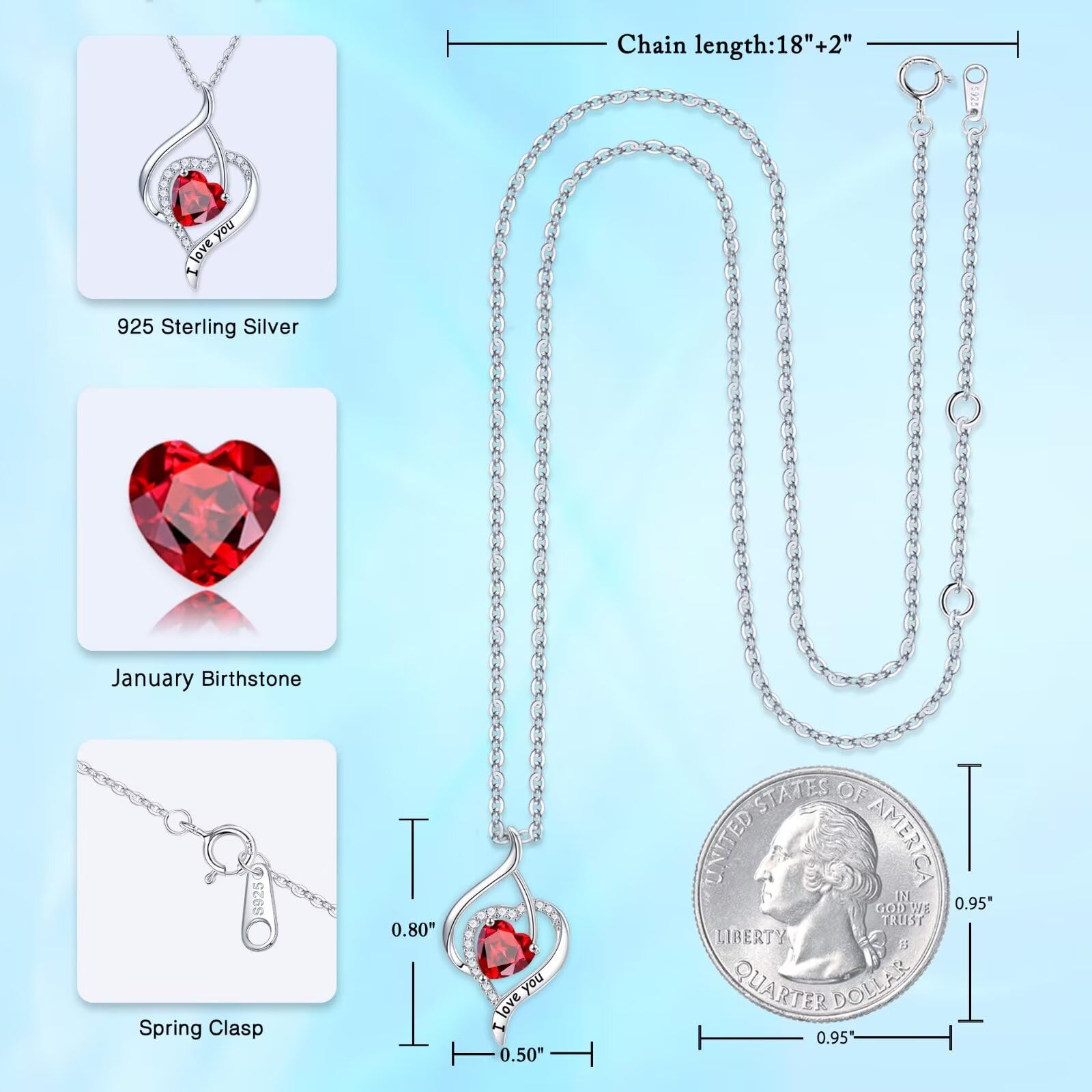 925 Sterling Silver Birthstone Necklace for Women - Natural or Created Gemstone Heart Pendant, Personalized I Love You Jewelry Gift for Valentine's Day, Mother's Day, Anniversary, Birthday & Christmas | Perfect for Romantic Occasions, Special Celebrations & Everyday Elegance