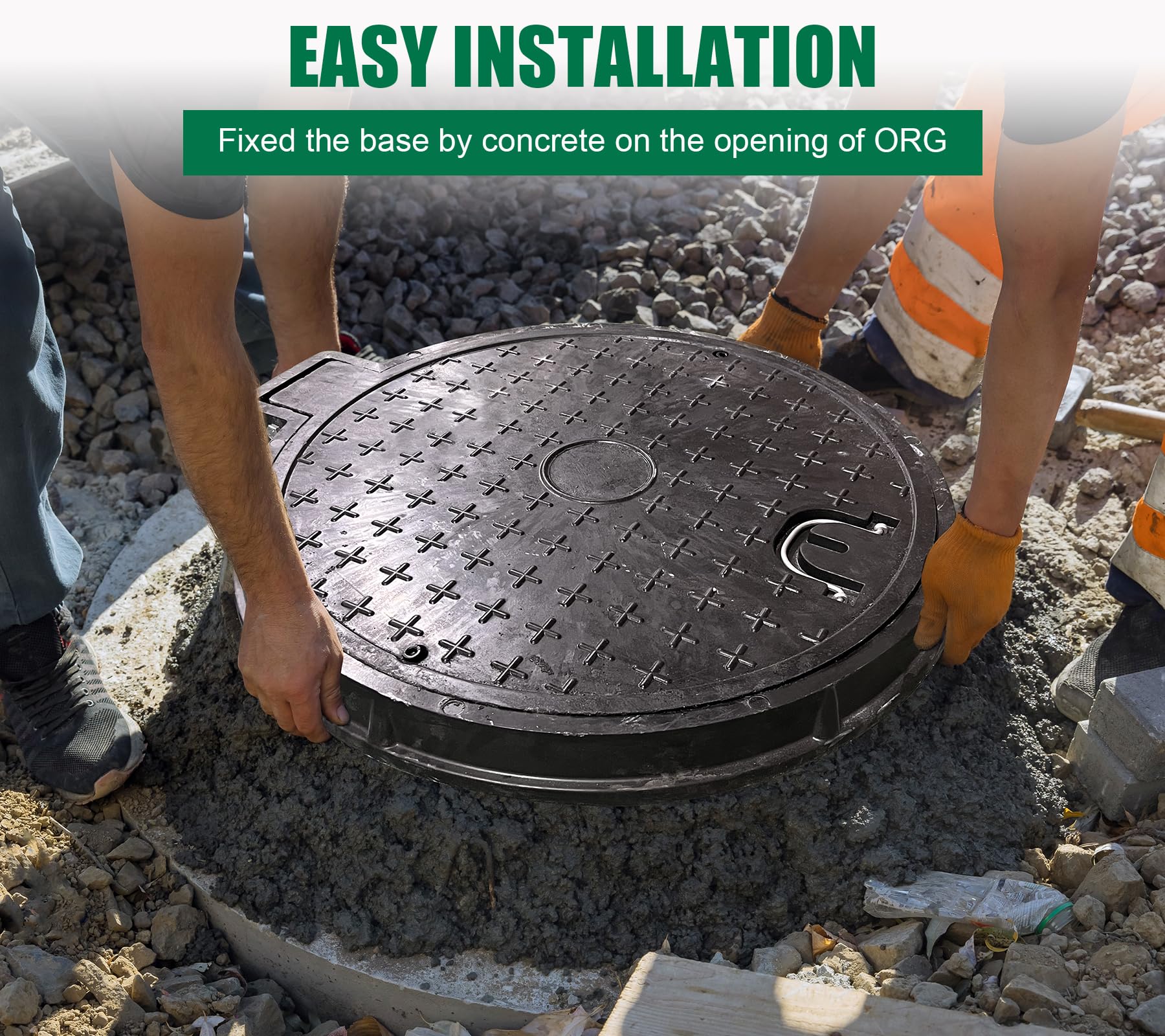 26in Fiberglass Manhole Cover with Reinforced Steel Frame - 24in Clear Opening Round Solid Top Septic Tank Lid - Bolted Down Base & Handle - Heavy Duty Sewer Cover (28in Overall Size) - Ideal for Underground Utility Access, Drainage Systems & Municipal Infrastructure