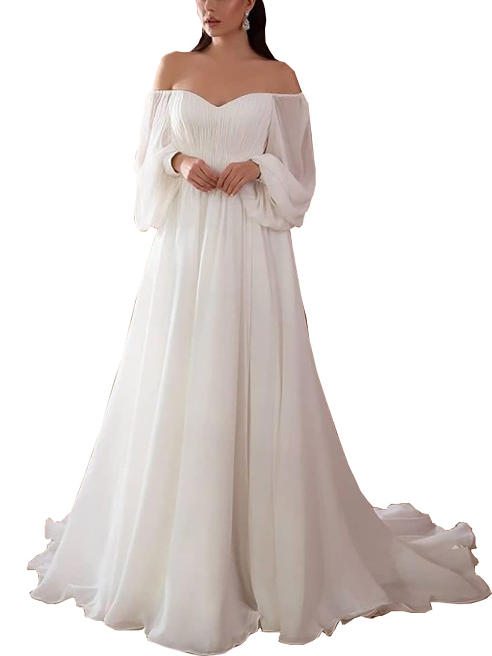Elegant Off-Shoulder Puffy Sleeve Wedding Dress - Simple Chiffon Bridal Gown for Women | Perfect for Beach, Church & Outdoor Ceremonies