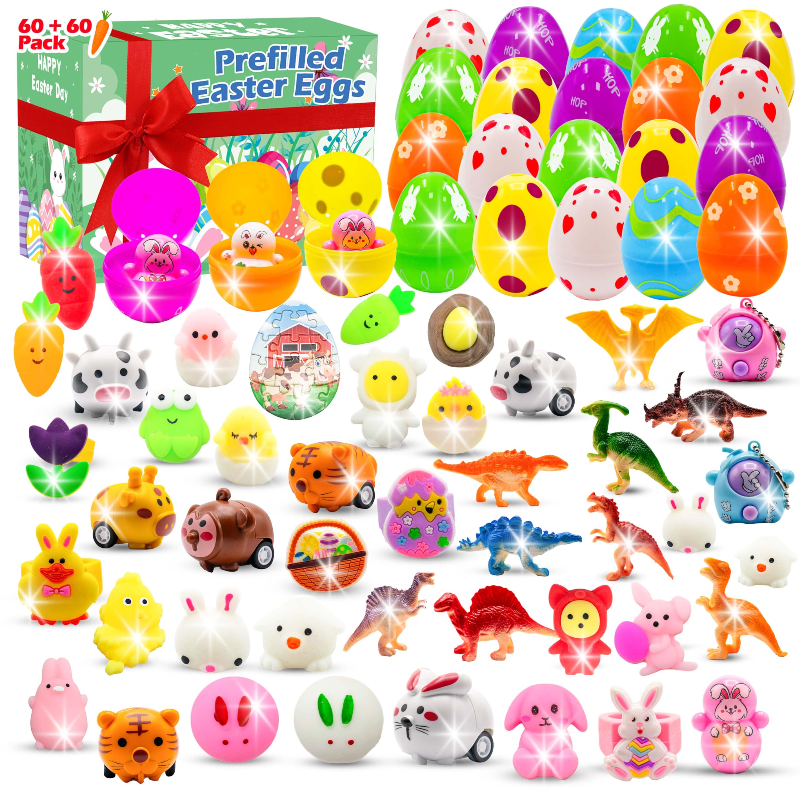 60 Pcs Prefilled Easter Eggs with Assorted Toys & Stickers - Easter Egg Hunt Party Favors for Kids, Boys & Girls - Perfect for Easter Baskets, Classroom Rewards, Birthday Party Goodie Bags & Spring Celebrations