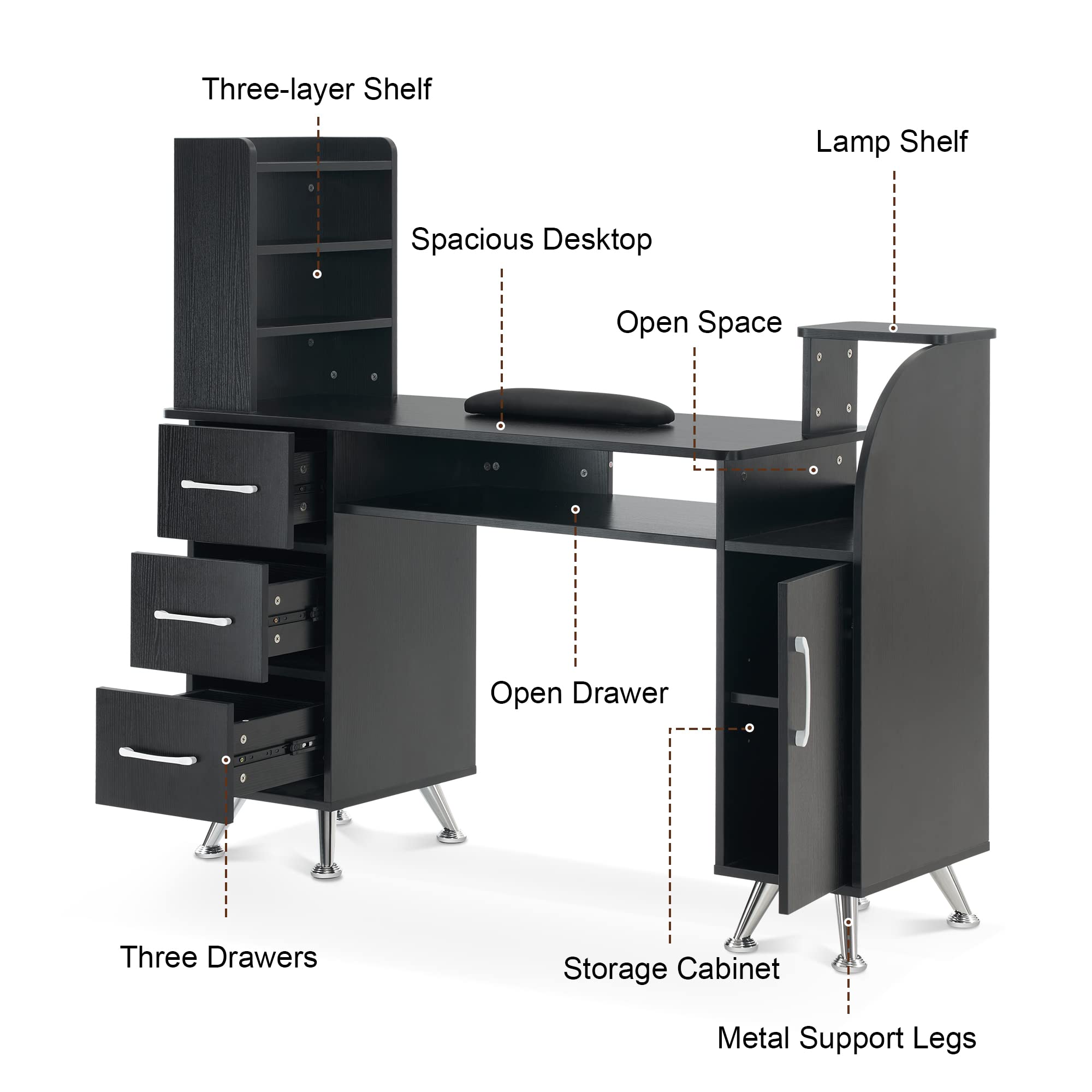 Professional Barber & Salon Manicure Table Makeup Dressing Station with Wrist Cushion - Beauty Workstation Nail Desk with Storage for Salon & Home Use (Black) - Perfect for Nail Technicians, Barbers & Makeup Artists