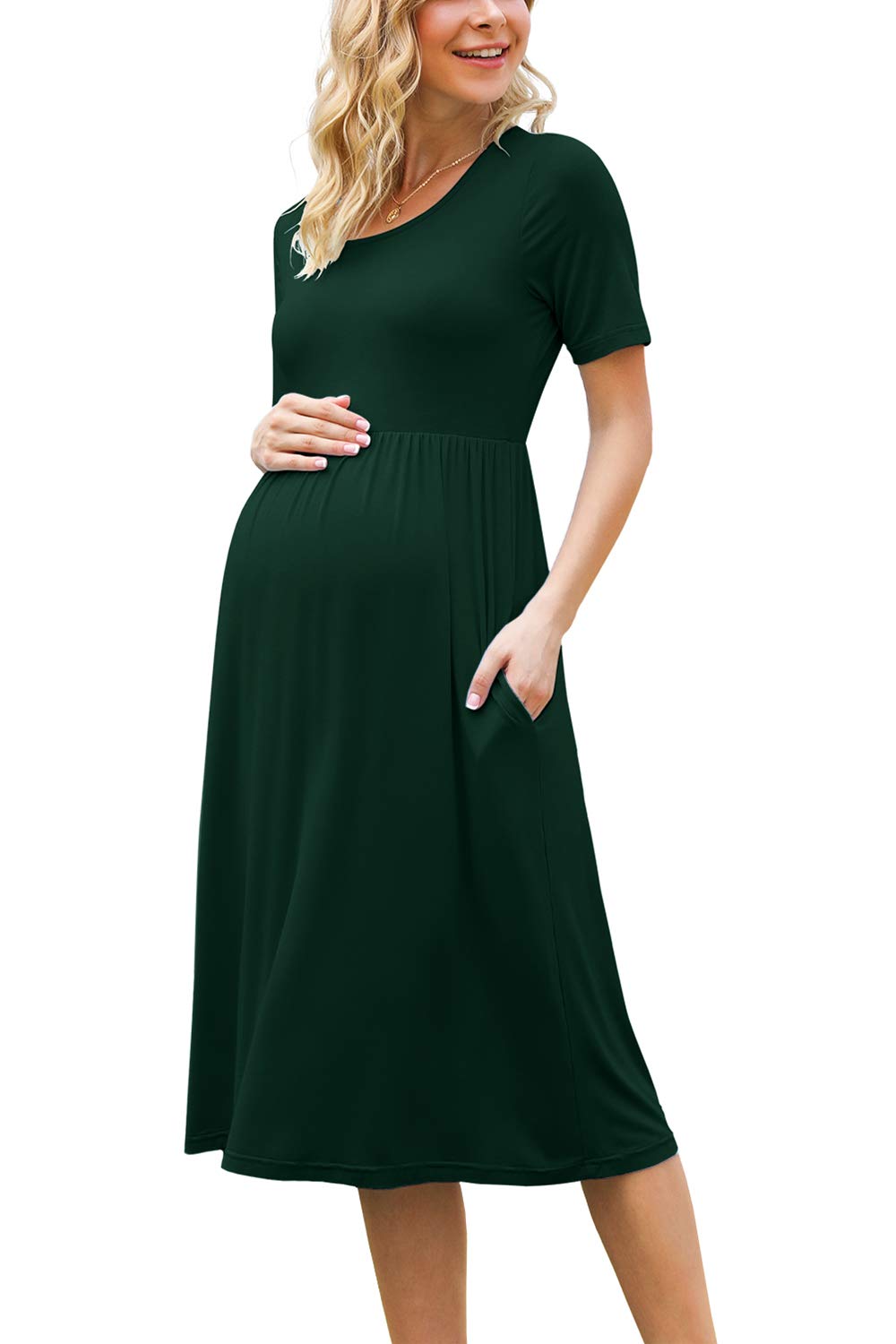 Xpenyo Women's Casual Short Sleeve Maternity Dress with Pockets - Empire Waist Flowy Summer Pregnancy Dress for Nursing, Beach, Travel & Everyday Wear