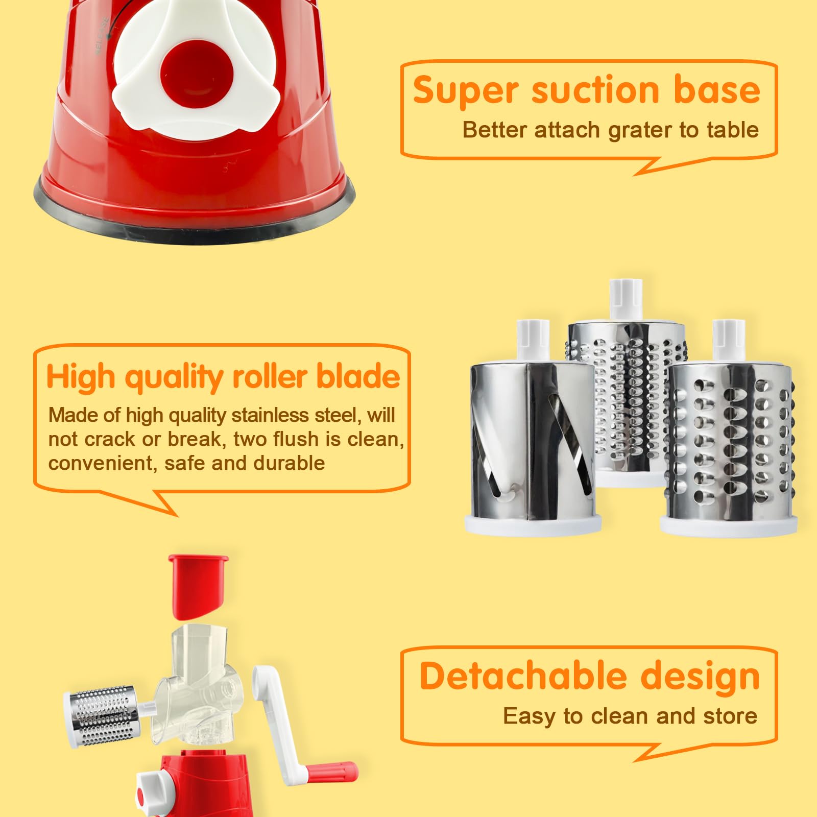 Rotary Cheese Grater - Manual Hand Crank Cheese Shredder with 3 Interchangeable Blades & Strong Suction Base - Perfect for Shredding Cheese, Vegetables, Nuts - Ideal for Kitchen, Camping, Picnics & Parties