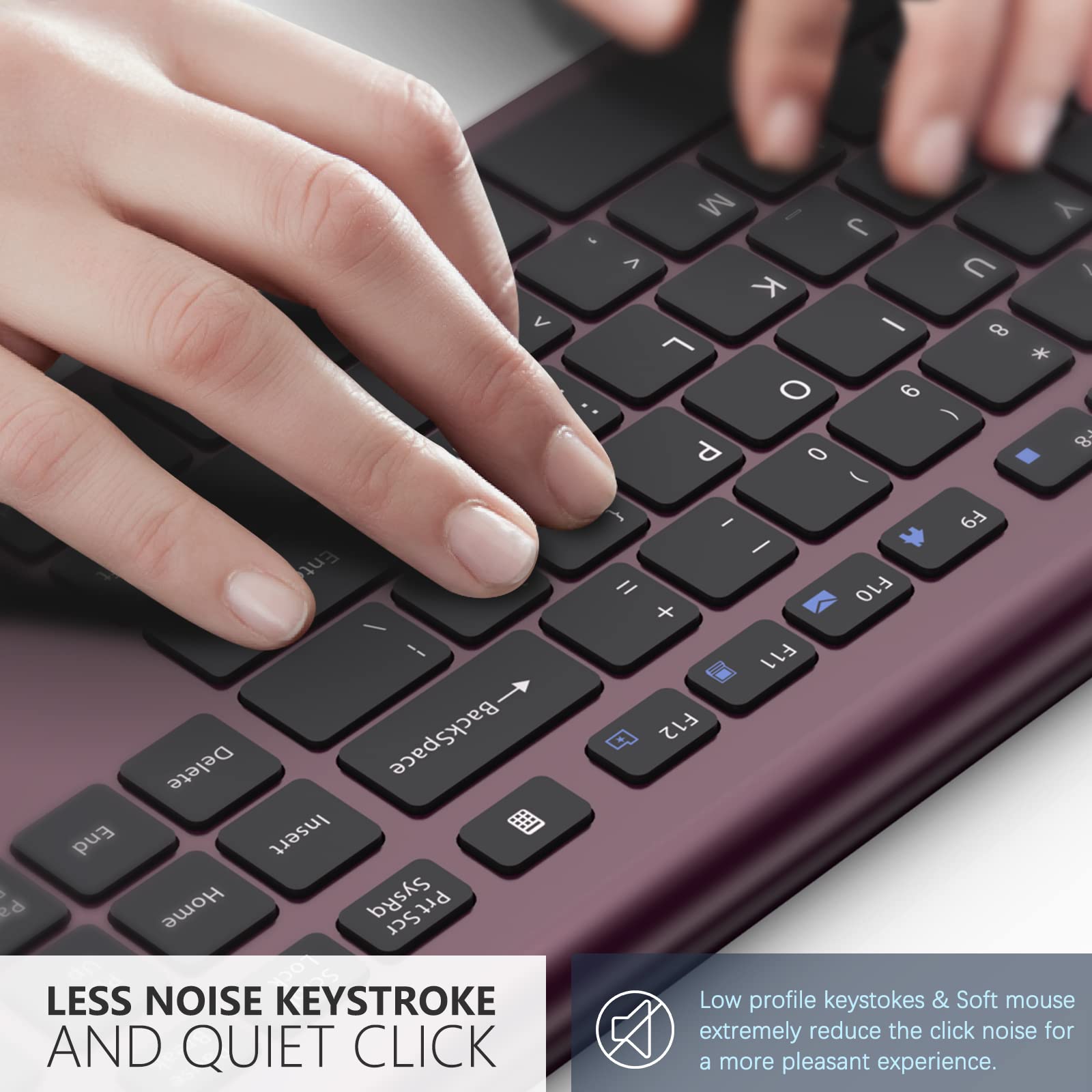 Rechargeable Wireless Keyboard - Silent Full Size with Numeric Pad for PC/Laptop/TV (Wine Red) - Home & Office Use