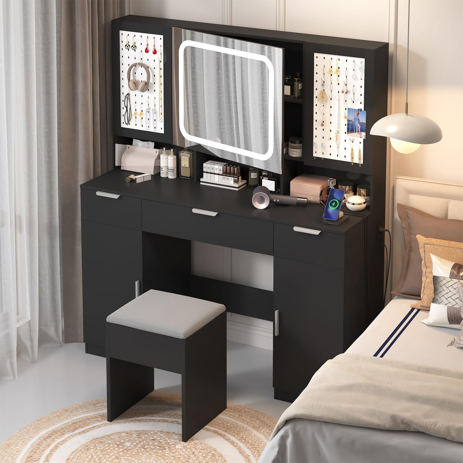Karl Home Large Vanity Table Set with LED Lighted Mirror - Makeup Vanity Desk with Charging Station, Storage Cabinets & Drawers, Cushioned Stool - Perfect for Bedroom Makeup & Dressing Area - Black
