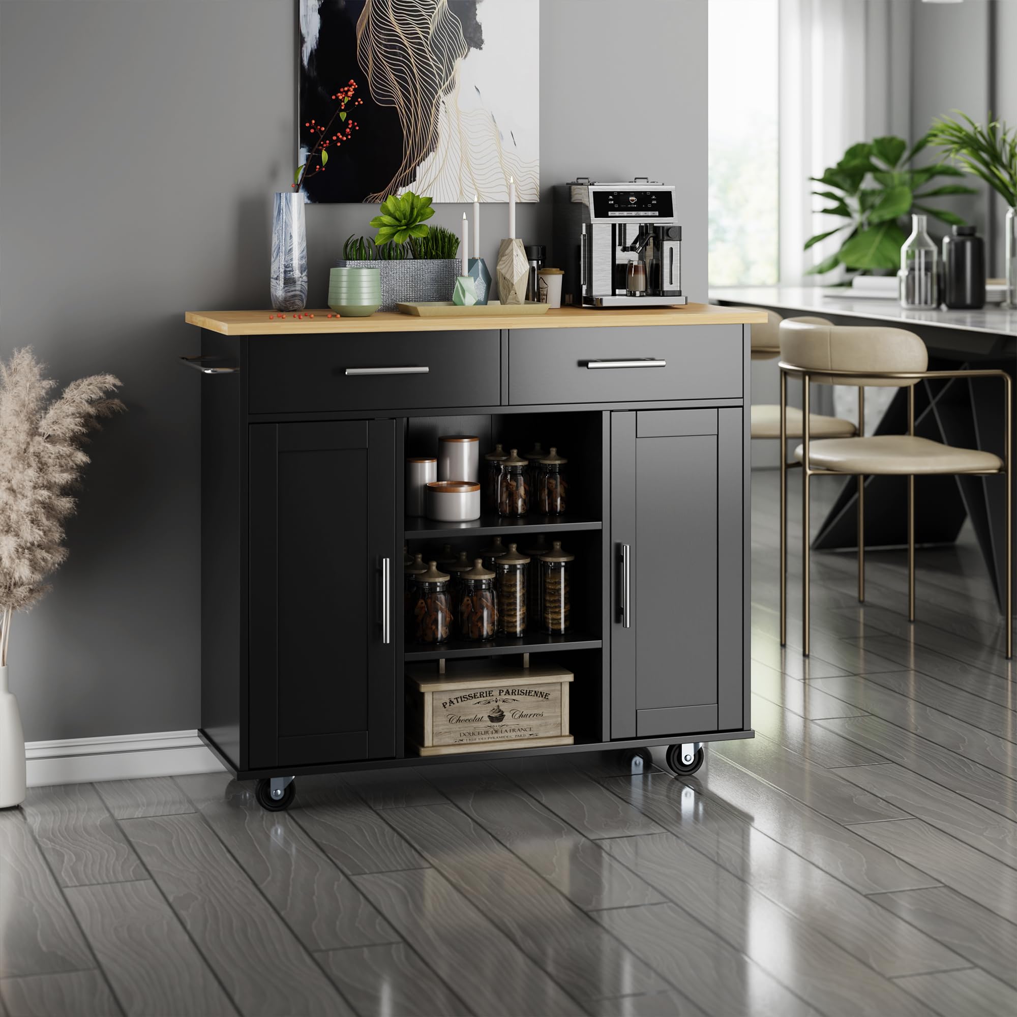 40-Inch Rolling Kitchen Island Cart with Storage & Drawers - Portable Mobile Utility Cart for Dining Room Serving, Prep & Storage - Black | Perfect for Small Kitchens, Apartments & Entertaining