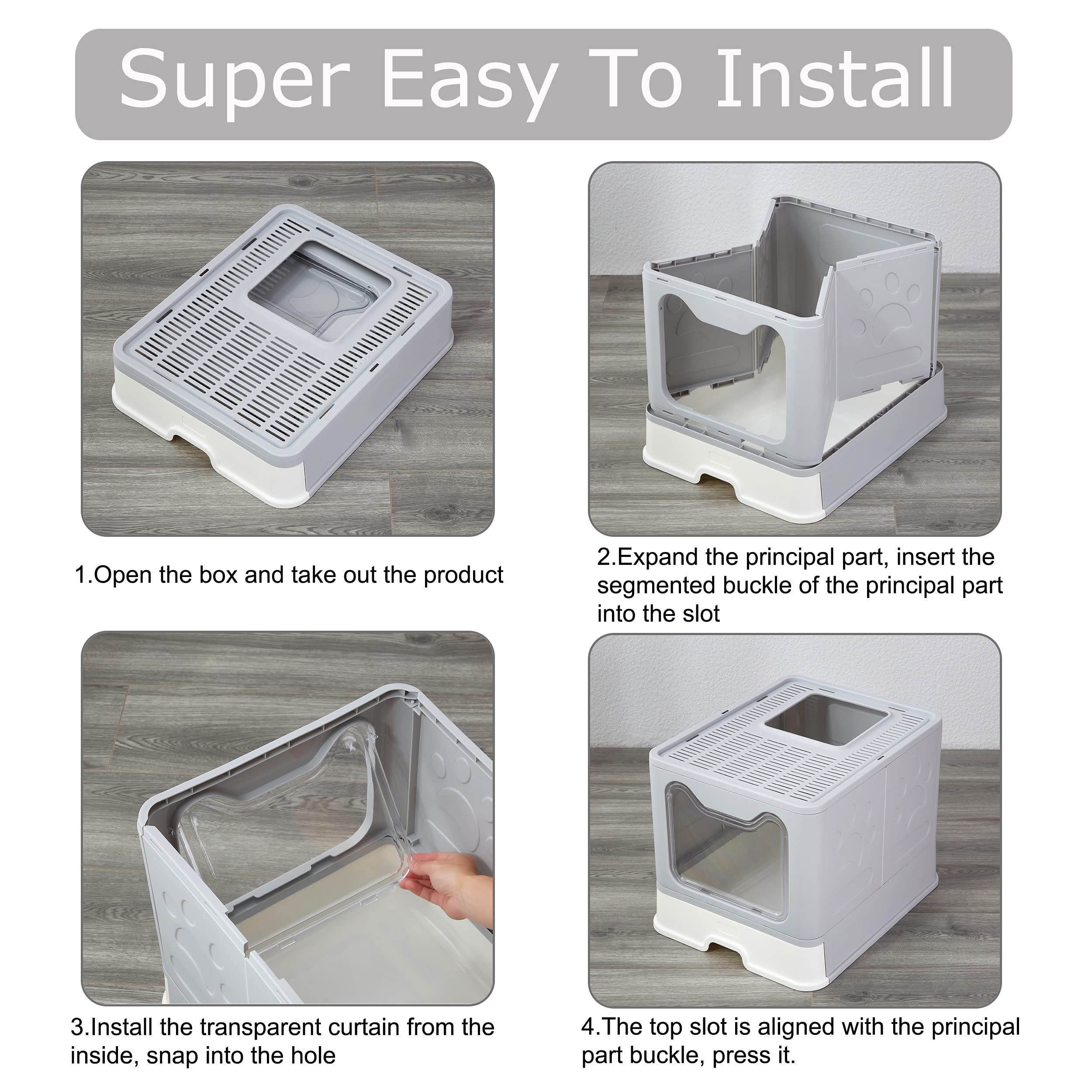Foldable Cat Litter Box with Lid - Large Top Entry Enclosed Litter Box with Scoop, Anti-Splashing Design & Easy Clean Drawer - Perfect for Small Spaces & Travel (Grey)