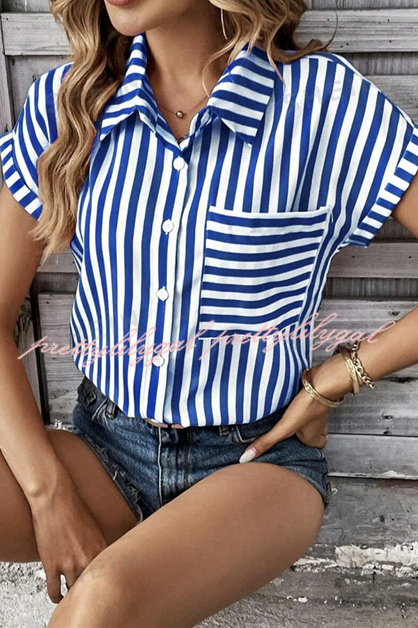 Men's Striped Print Short Sleeve Pocket Shirt - Casual Summer Button Down Top for Beach, Office & Outdoor Activities