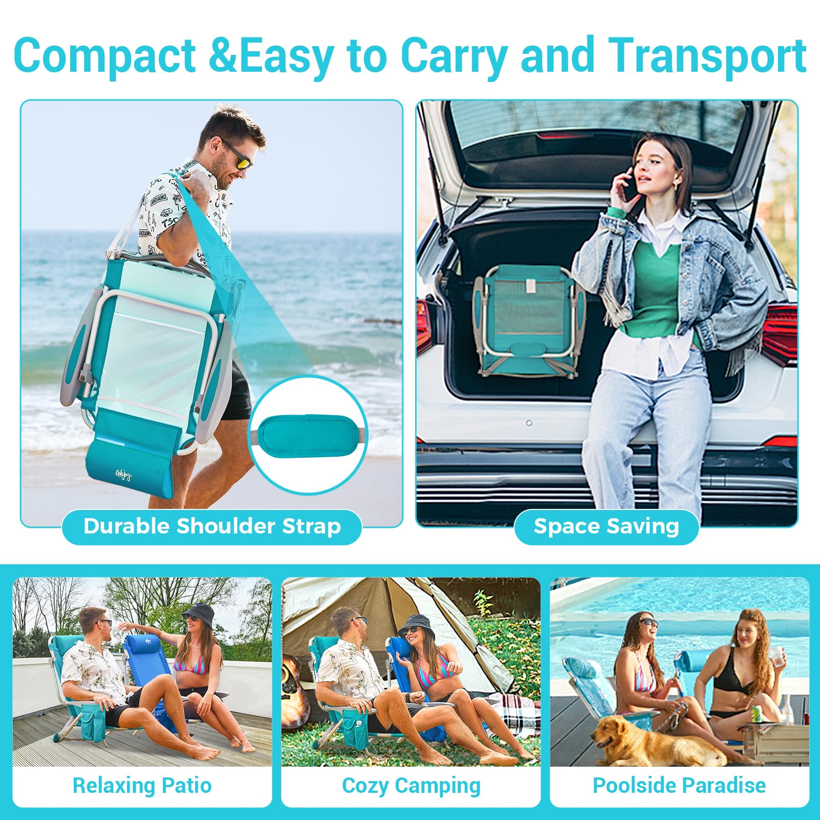 WEJOY Folding Beach Chair for Adults - 4 Position Adjustable Lightweight Aluminum Sand Chair with Shoulder Strap, Cup Holder & Padded Headrest - Supports 265lbs - Perfect for Beach, Camping, Backyard & Outdoor Relaxation