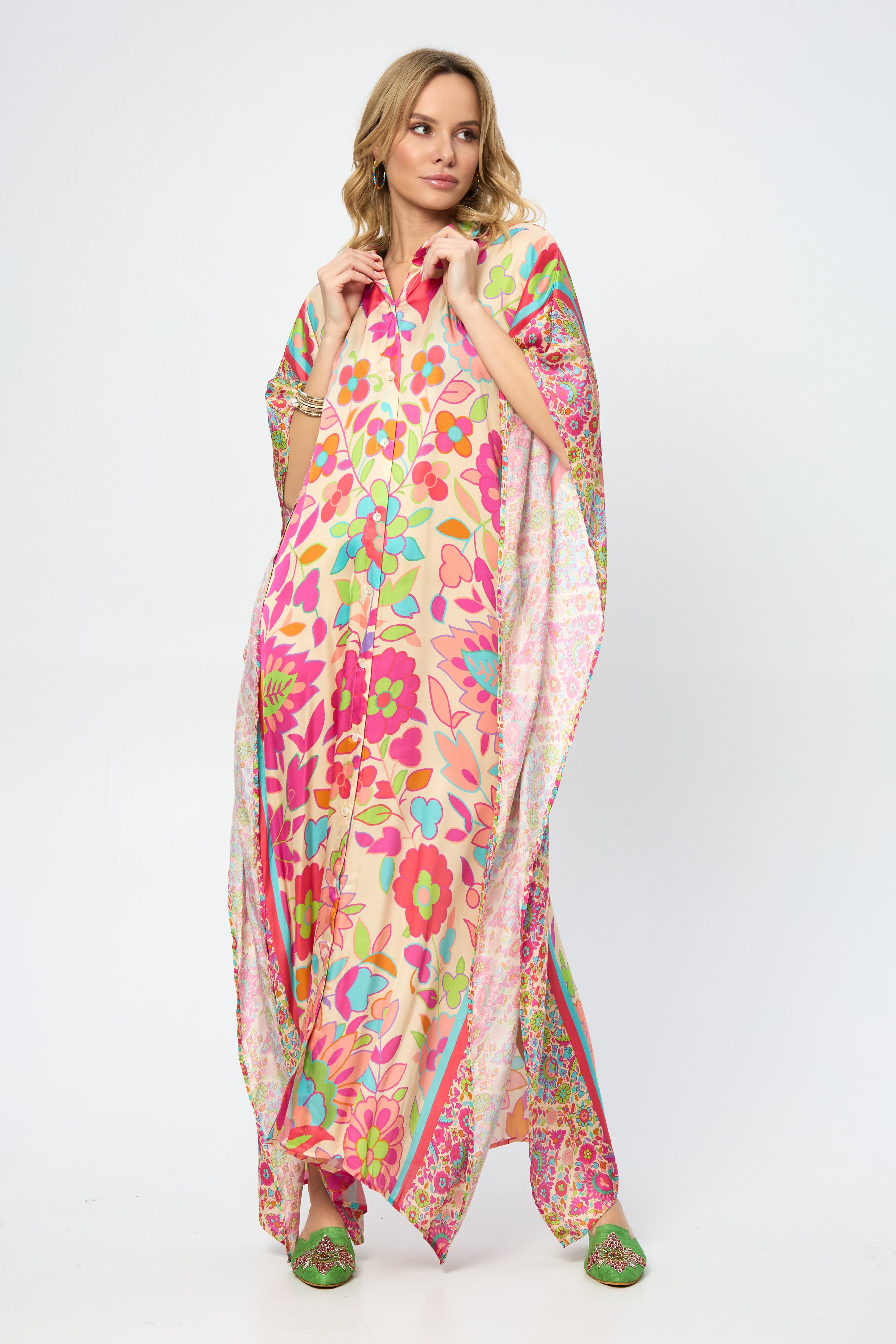 Stylish Multicolored Floral Print Collared Kaftan Dress for Women | Beach Cover Up, Summer Vacation, Boho Chic Outfit