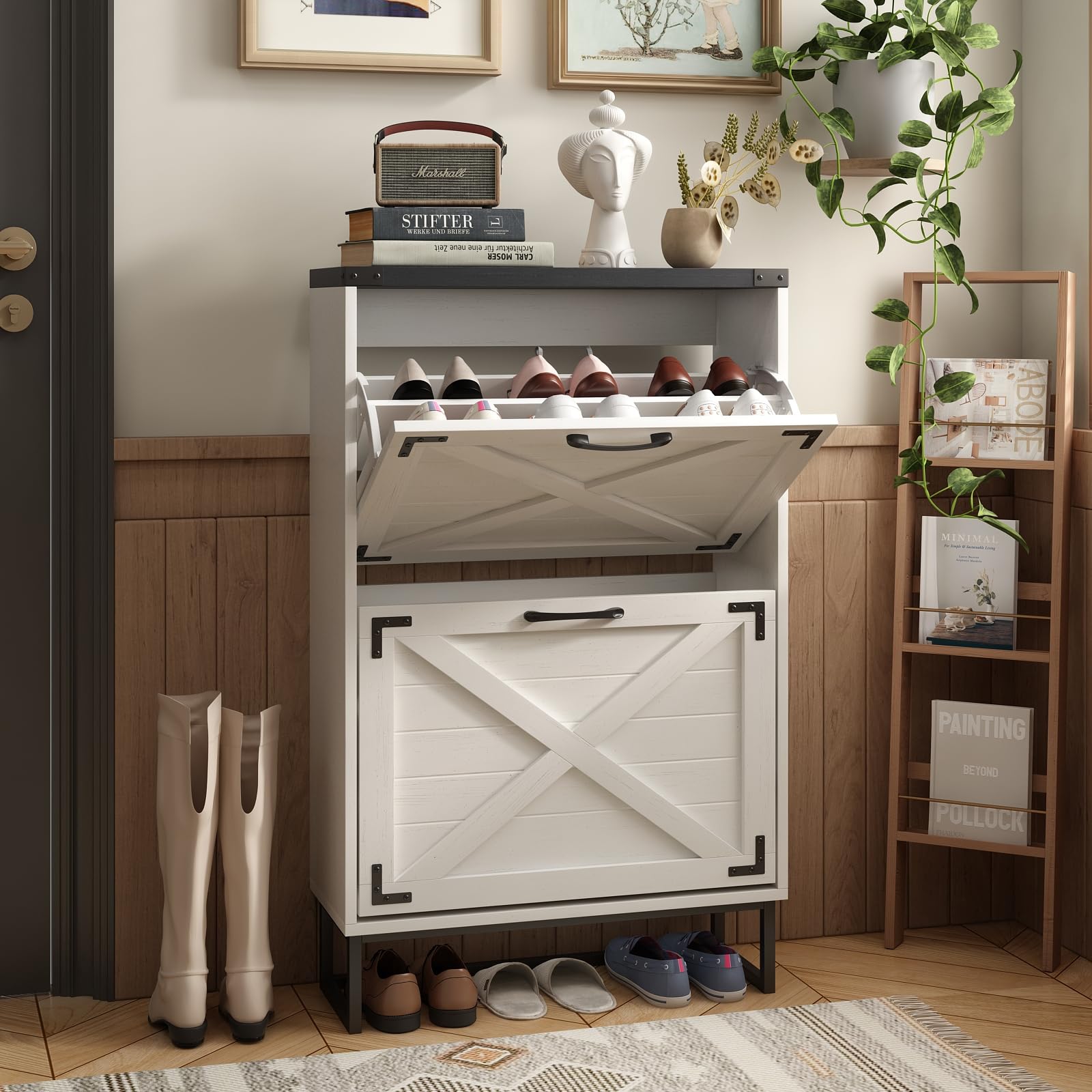 Maupvit 24 Inch Wide White Farmhouse Style Shoe Storage Cabinet - Freestanding Entryway Organizer with 2 Flip-Up Drawers, Narrow Shoe Rack with Decorative Metal Corners - Perfect for Small Spaces, Hallways and Closet Organization