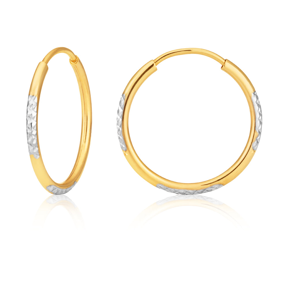9ct Two Tone Double Sided Diamond Cut 15mm Hoop Earrings for Women - Elegant Gold and Silver Dangle Earrings for Party, Wedding & Everyday Wear