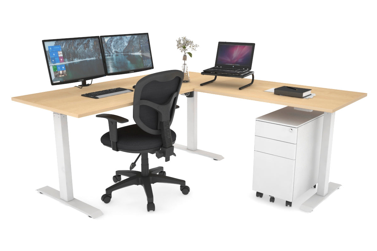 Adjustable Height Corner Workstation with White Frame - 1400L x 1450W - Ergonomic Home Office Desk for Small Spaces & Modern Workspaces