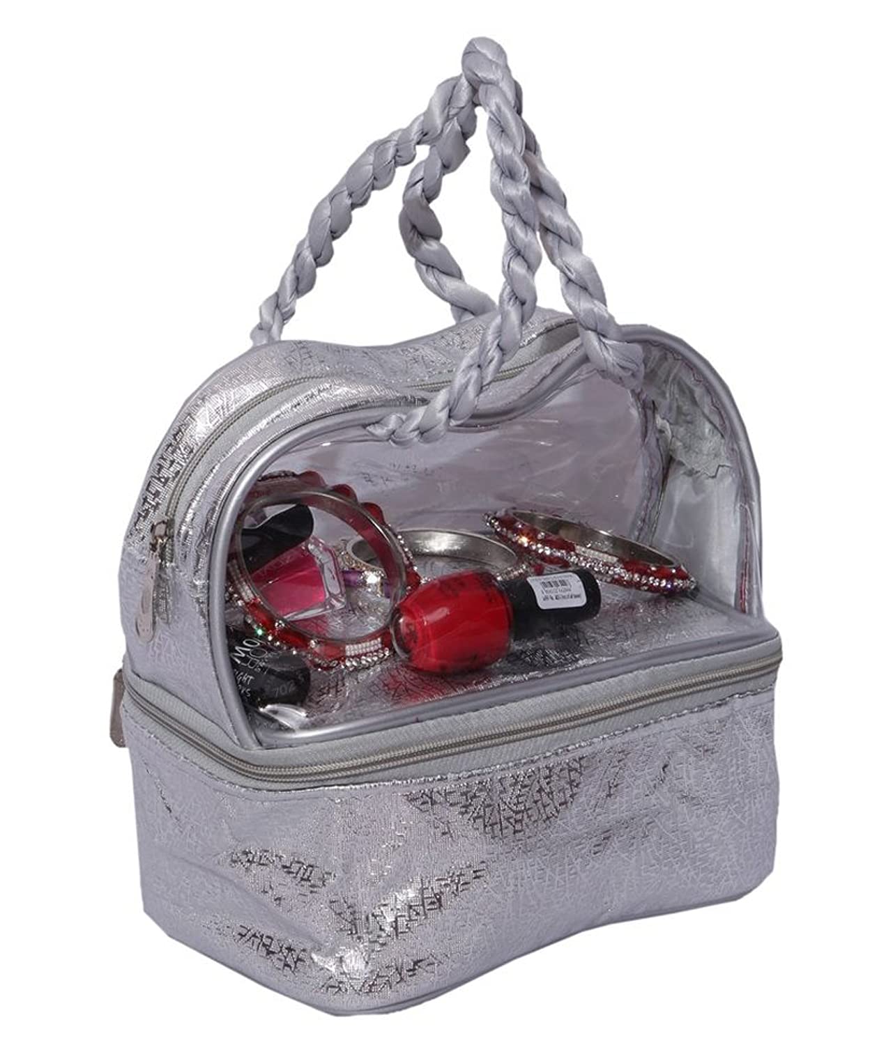 Kuber Industries Double Layer Waterproof Cosmetic Bag for Travel - Silver Makeup Organizer Pouch | Perfect for Toiletries, Makeup Brushes & Travel Essentials