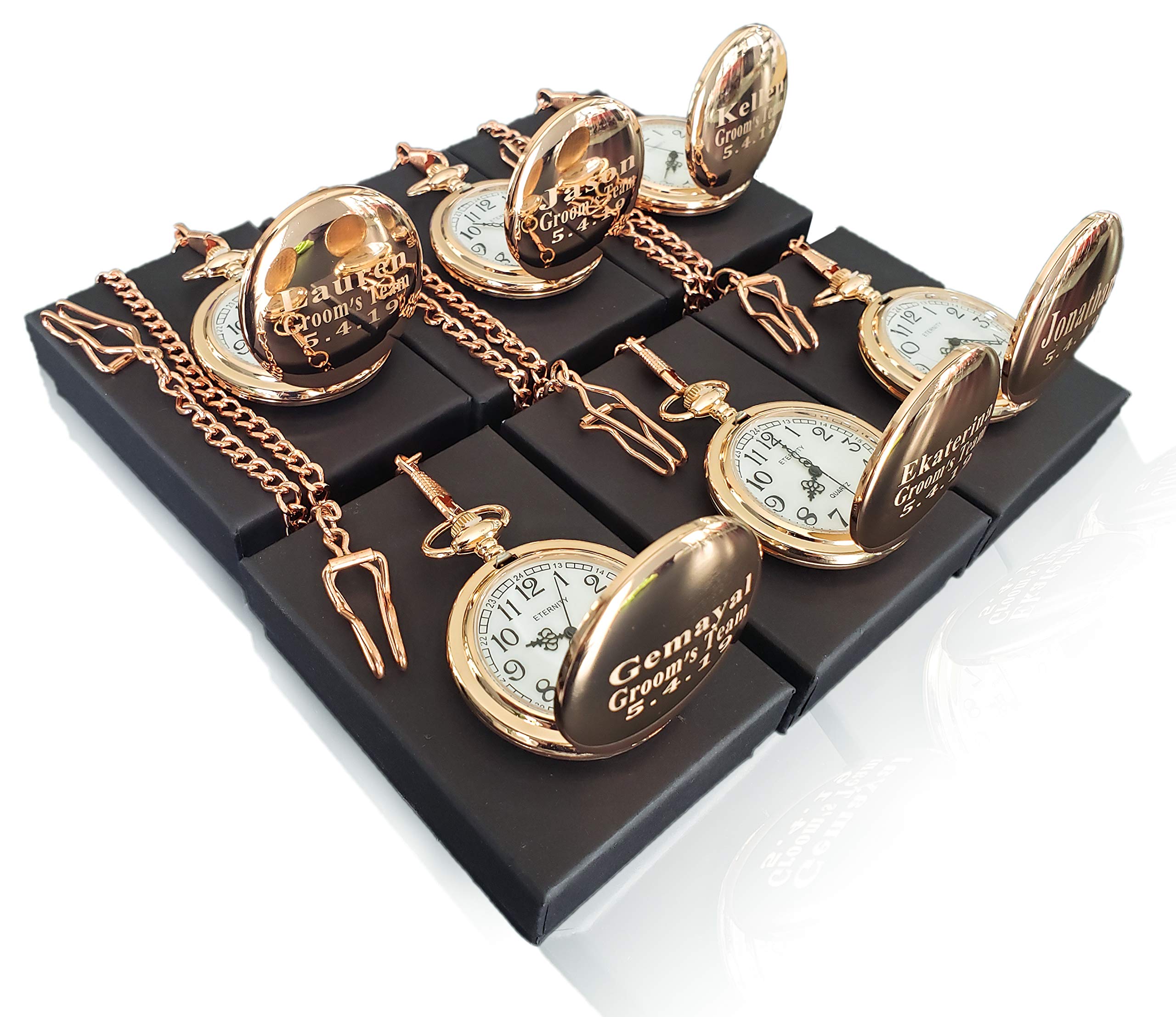 6 Personalized Engraved Pocket Watches with Gift Box - Vintage Style Pocket Watch Set with Buckle Chain, Battery Included - Perfect for Weddings, Anniversaries & Gifts (6-Piece Set, Multiple Colors)
