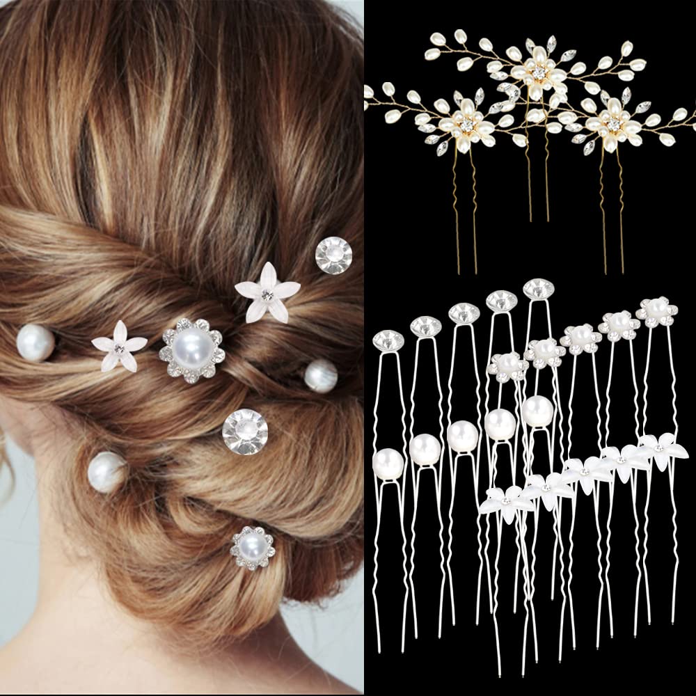 23Pcs Wedding Hair Pins Set - FHDUSRYO Bridal Pearl Rhinestone Hair Clips, U-Shaped Crystal Flower Hair Accessories for Brides, Bridesmaids, Women & Girls | Perfect for Weddings, Prom, Parties & Special Occasions