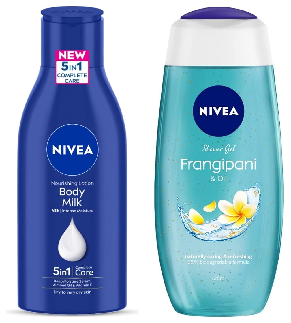 NIVEA Travel Size Body Lotion & Shower Gel Combo - 4.2oz Body Milk & 4.4oz Frangipani Oil Body Wash - Perfect for Gym, Travel & On-the-Go Hydration