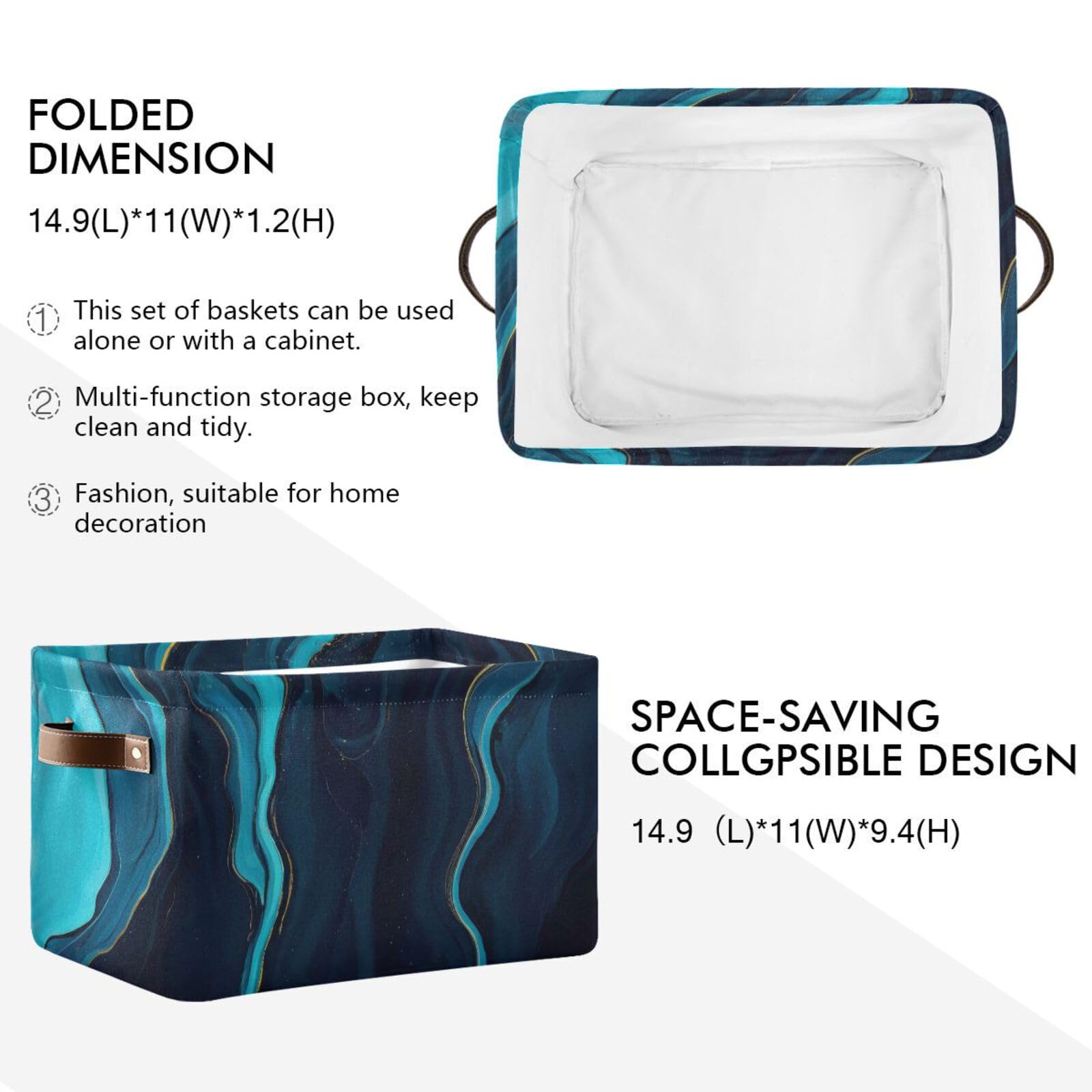 Blue Marble Storage Baskets - Collapsible Rectangular Canvas Fabric Storage Bin for Home Organization, Closet, Nursery & Office (Set of 2) - Space Saving Home Decor & Storage Solution