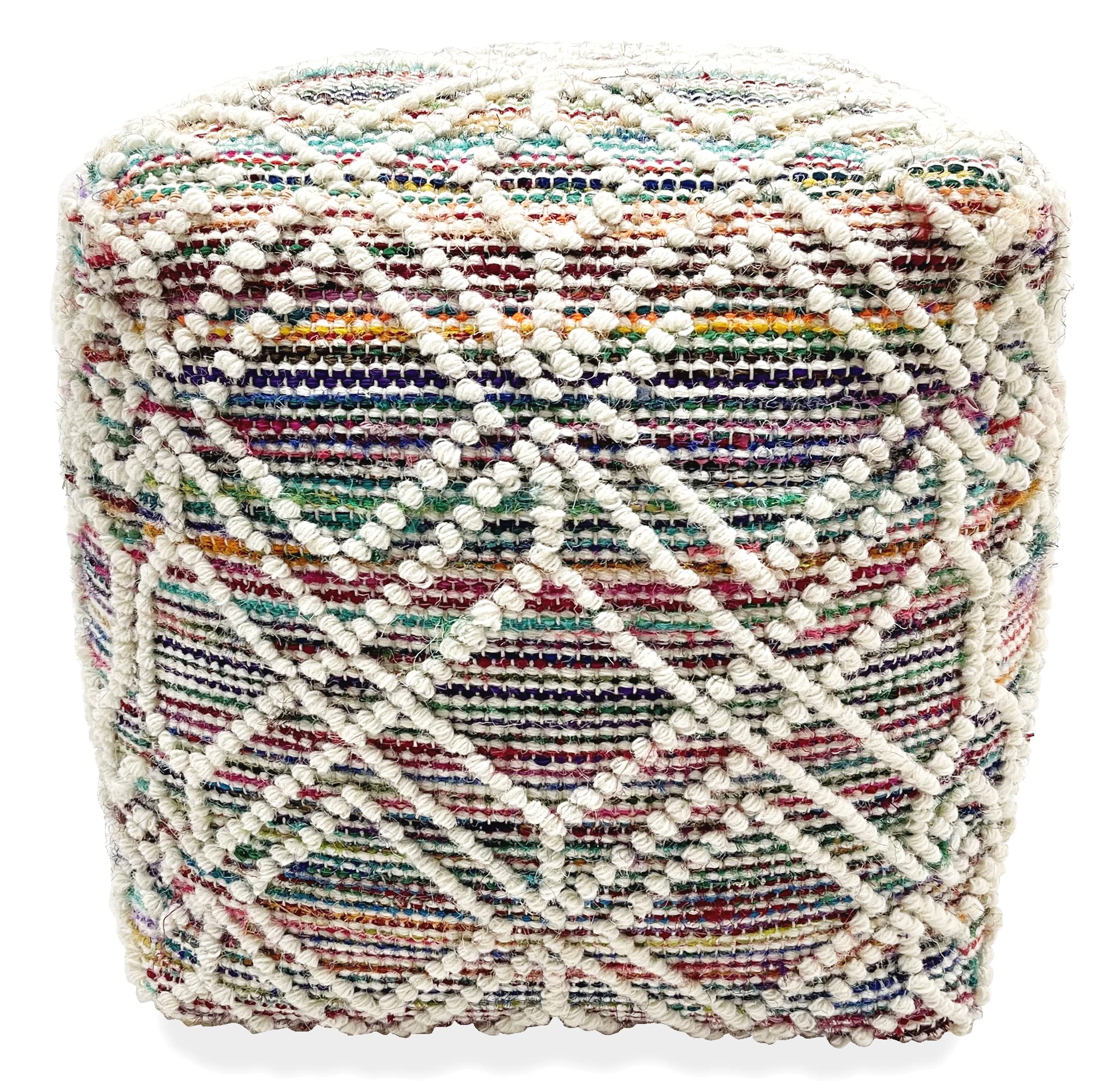 Handmade ADDO Wool & Cotton Natural Fiber Pouf Ottoman - Easy Maintenance Footstool for Living Room, Bedroom, Family Room - Multi-Color (Perfect for Relaxing, Reading & Home Decor)