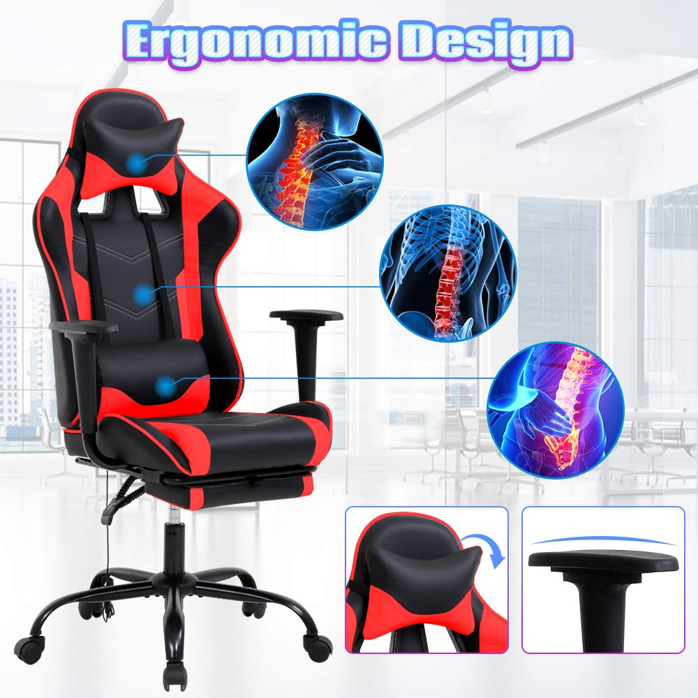 Ergonomic Red PC Gaming Chair with Massage Lumbar Support, Adjustable Racing Office Chair with Footrest & Headrest - Perfect for Home Office, Video Gaming & Streaming Setup