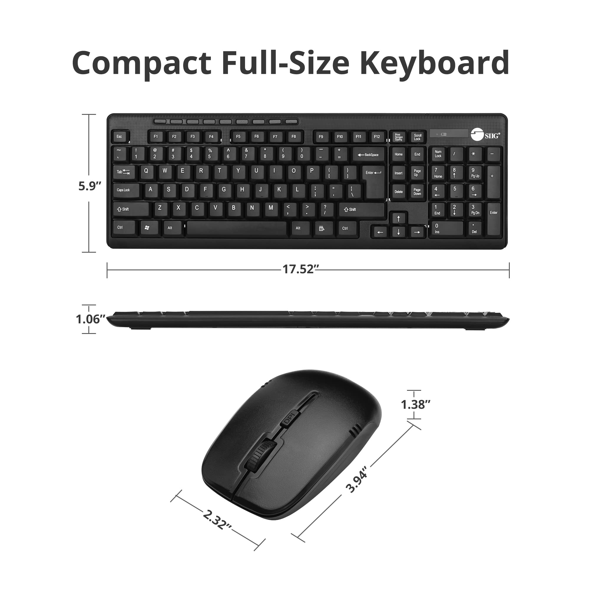SIIG JK-WR0T12-S1 Wireless Keyboard and Mouse Combo - 102 Key Standard Size Keyboard with 3-Button Optical Mouse (Black) - Perfect for Office, Home & Gaming Use