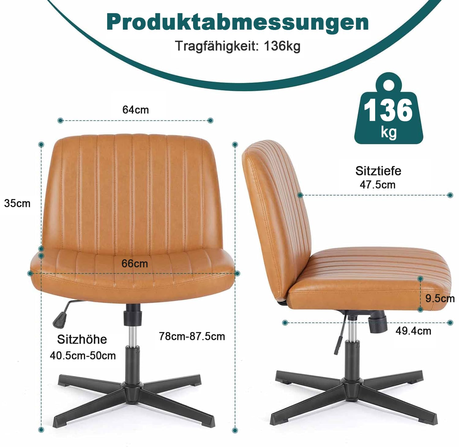 DUMOS Cross Legged Office Chair - Armless Wide Desk Chair No Wheels, Adjustable Swivel Leather Vanity Chair for Home Office & Study - Modern Brown Seat for Working, Reading & Relaxing